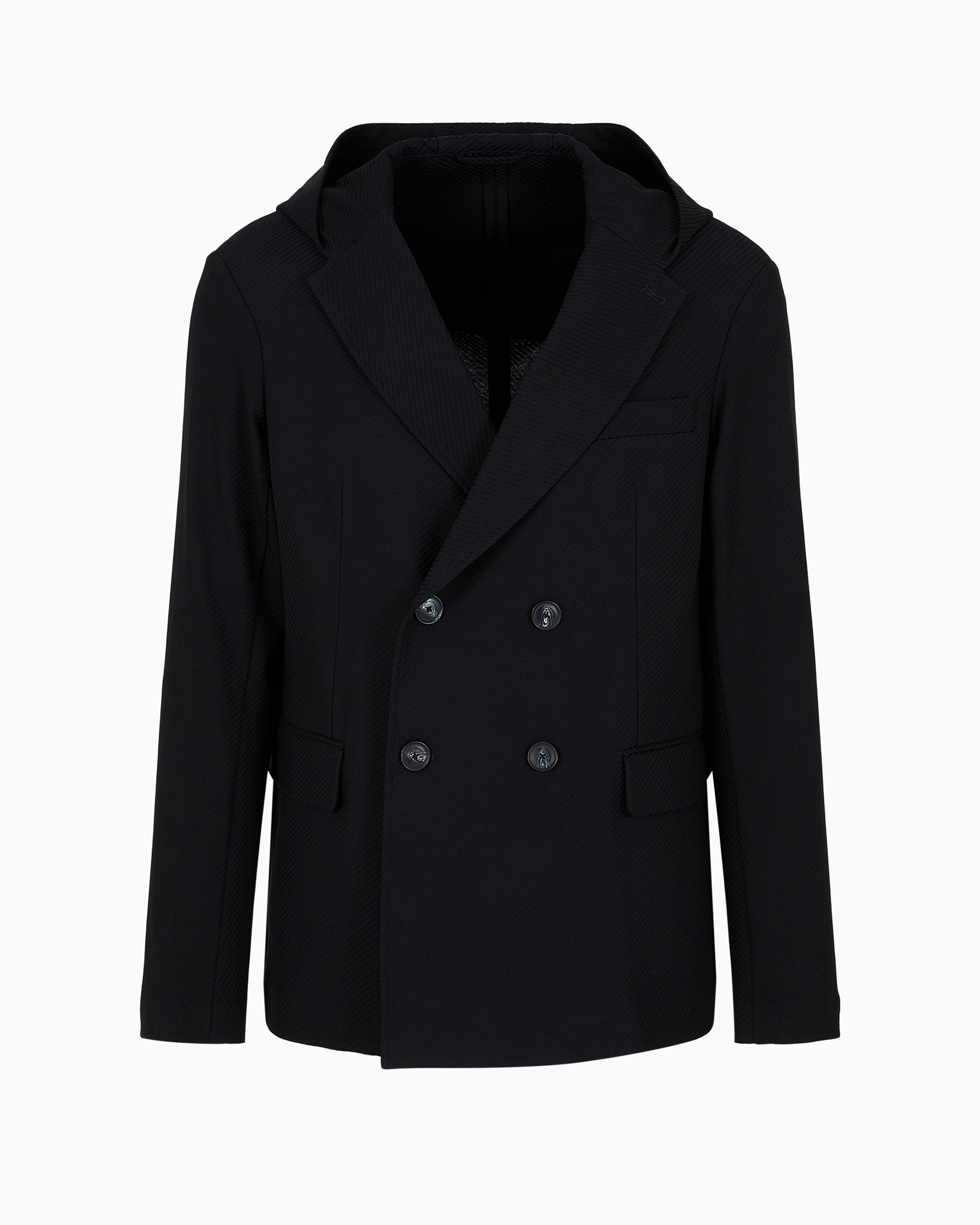 Emporio Armani Official Store Double-breasted Jacket With Hood In Jacquard Jersey In Black