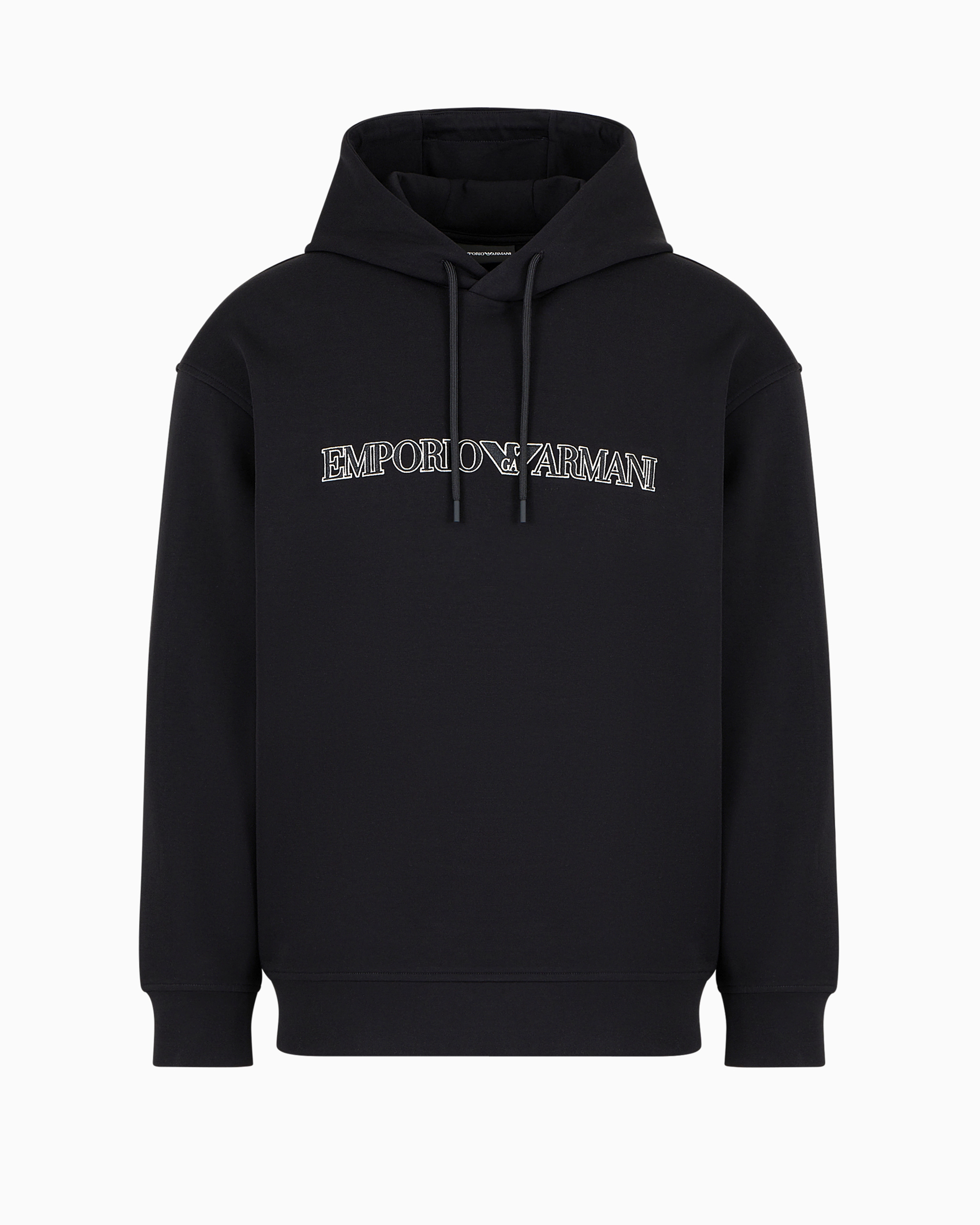 Emporio Armani Official Store Oversized Double-jersey Hooded Sweatshirt With Logo Embroidery Trim In Black Logo