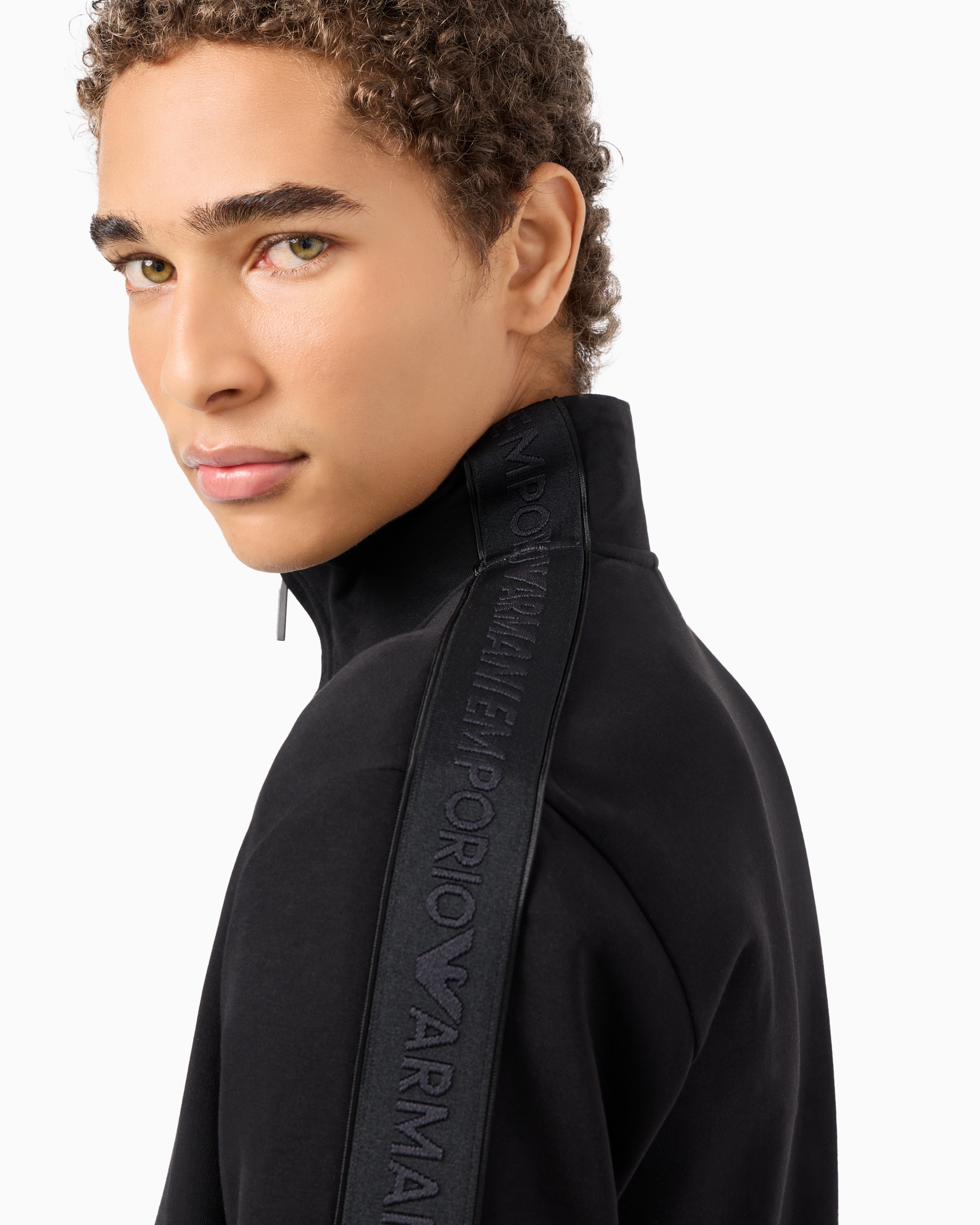 Shop Emporio Armani Double-jersey Full-zip Sweatshirt With Logo Tape In Black