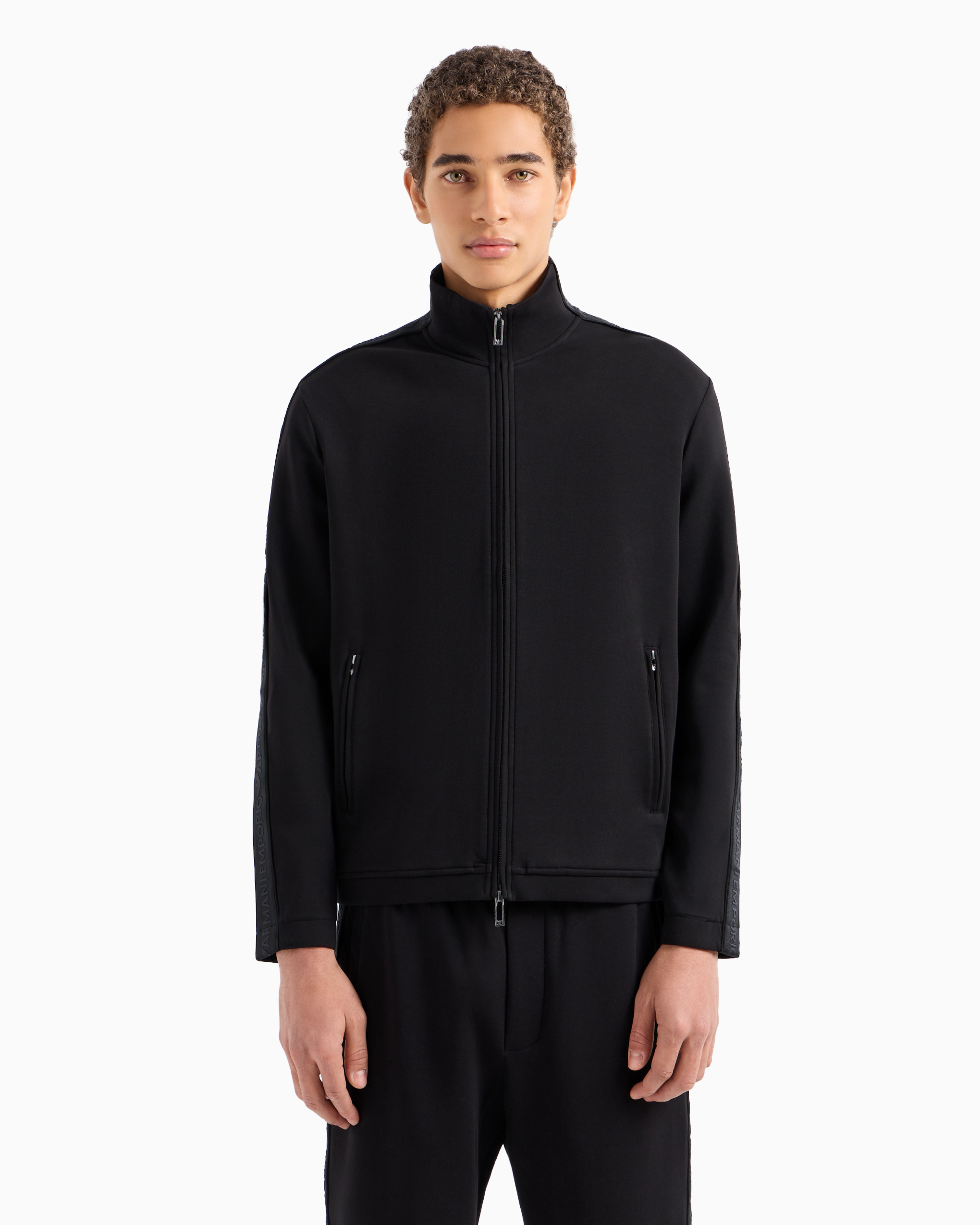 Shop Emporio Armani Double-jersey Full-zip Sweatshirt With Logo Tape In Black