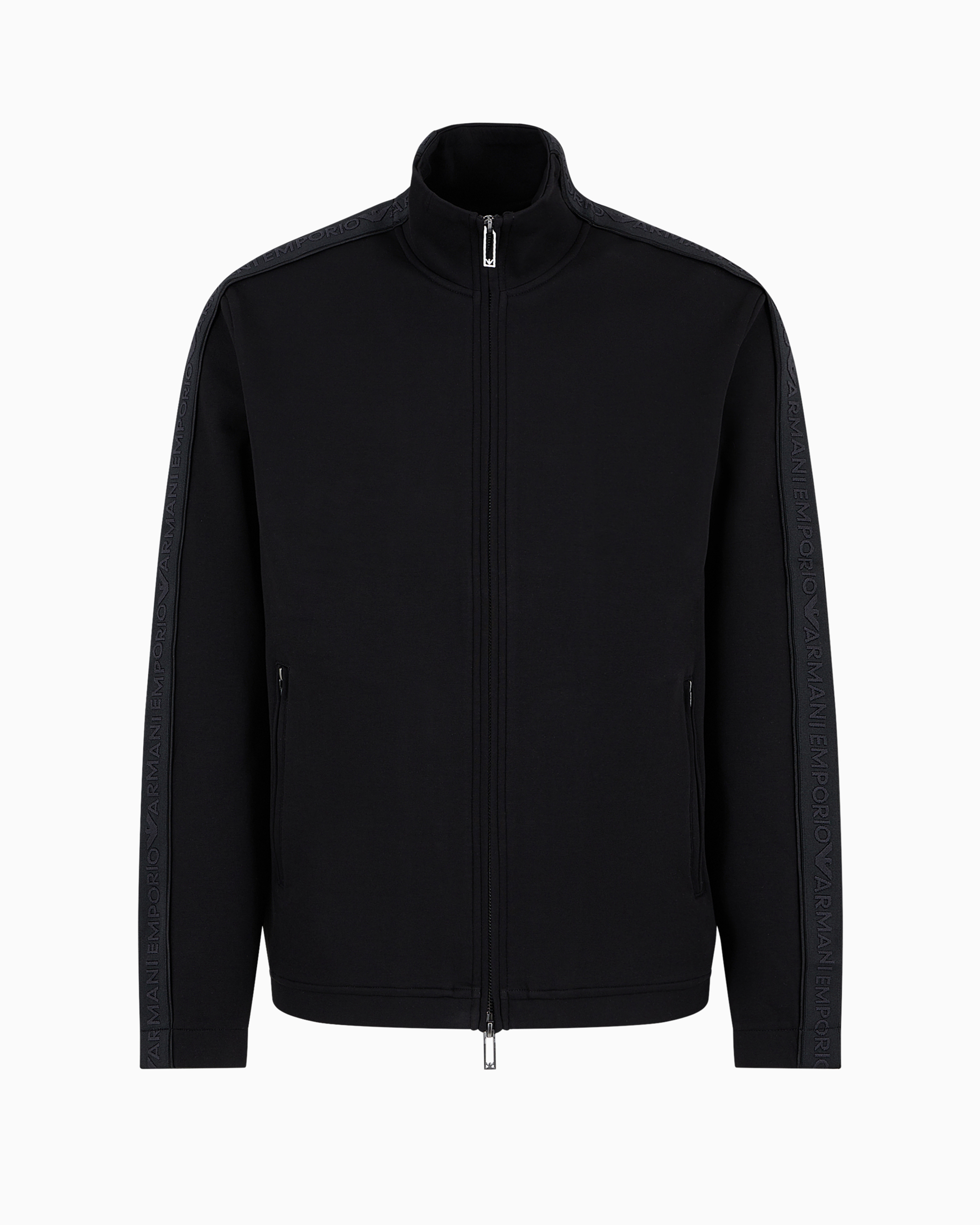 Emporio Armani Official Store Double-jersey Full-zip Sweatshirt With Logo Tape In Black