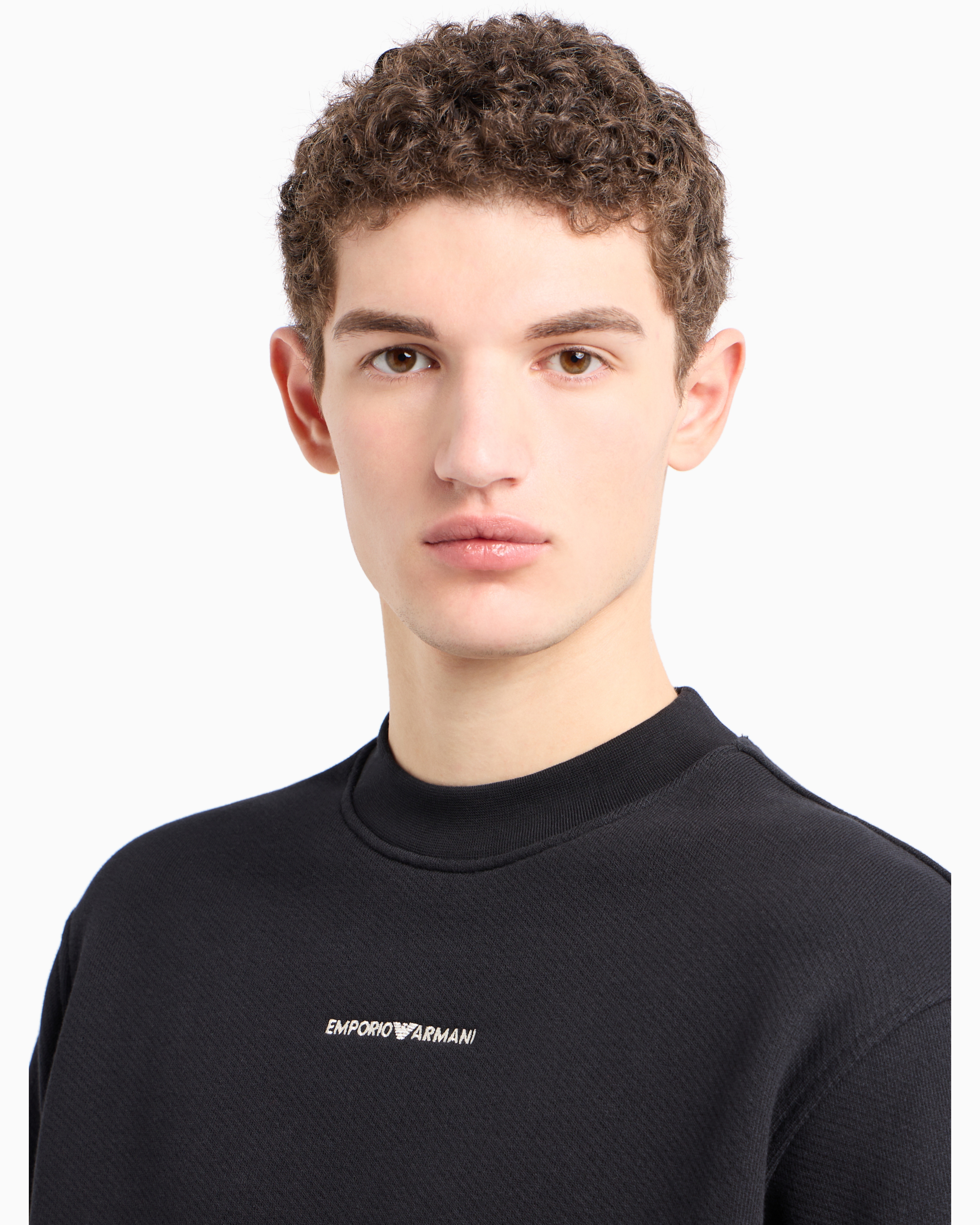 Emporio Armani Official Store Jersey Sweatshirt With Diagonal Weave And Logo Embroidery In Black