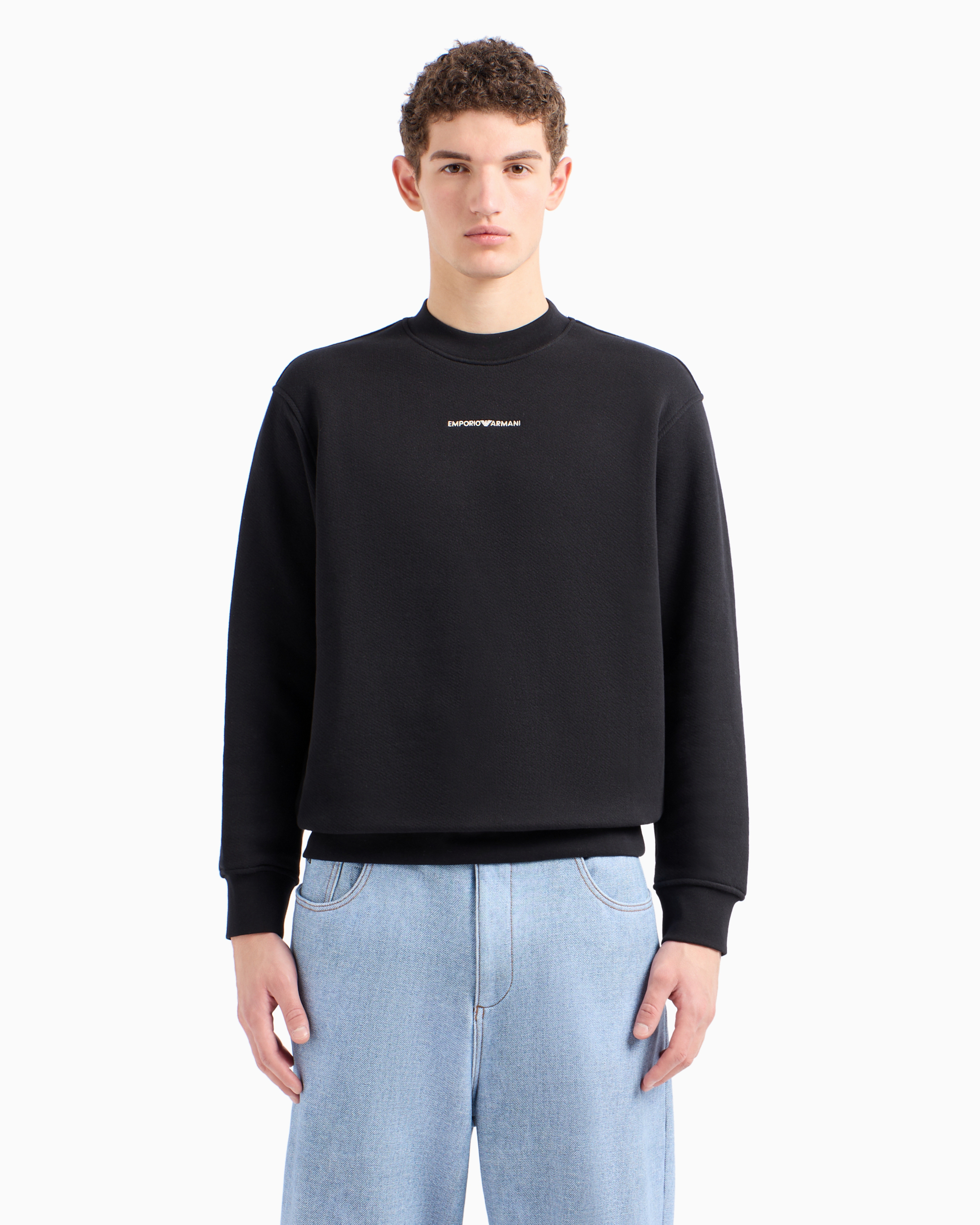 Emporio Armani Official Store Jersey Sweatshirt With Diagonal Weave And Logo Embroidery In Black