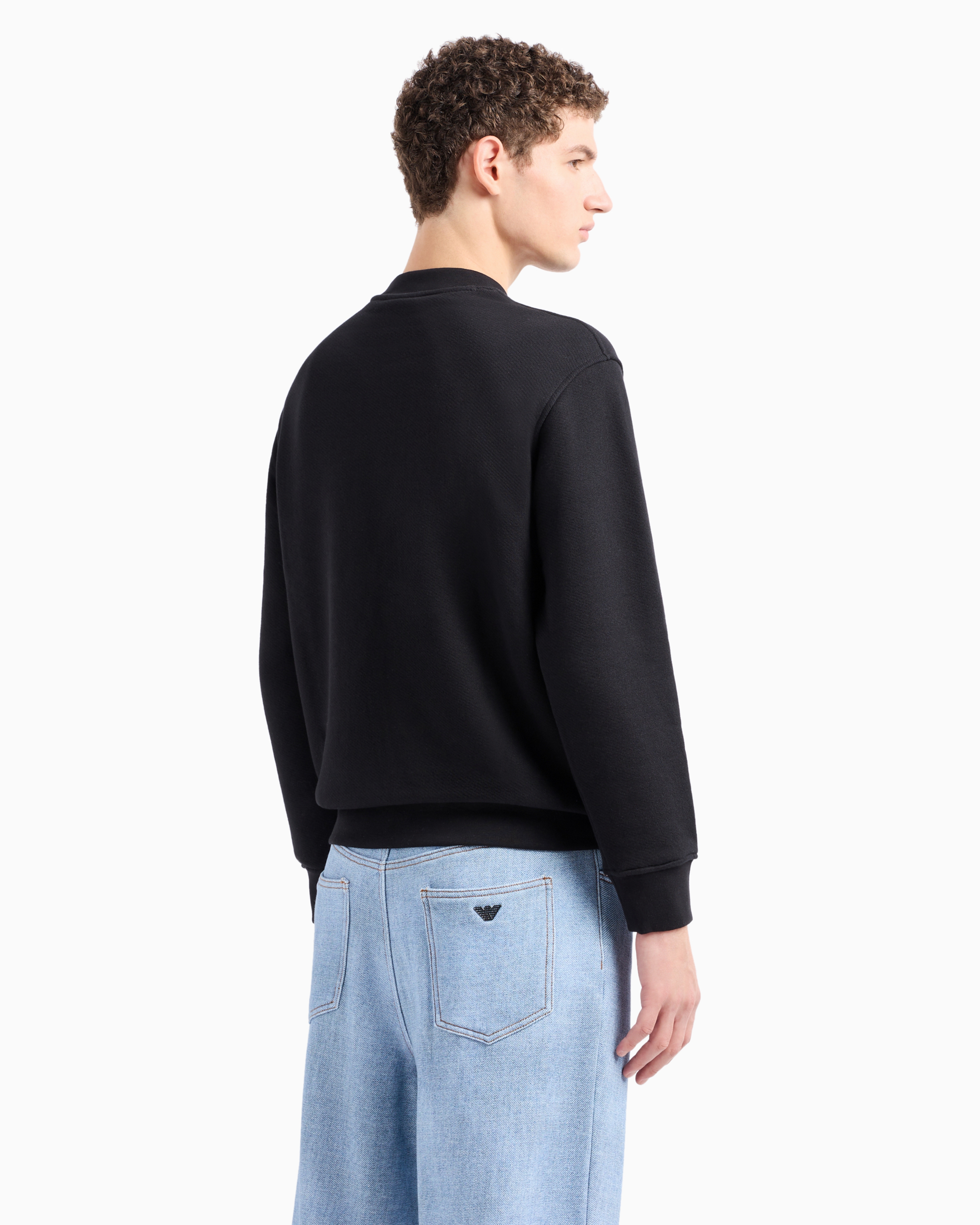 Emporio Armani Official Store Jersey Sweatshirt With Diagonal Weave And Logo Embroidery In Black