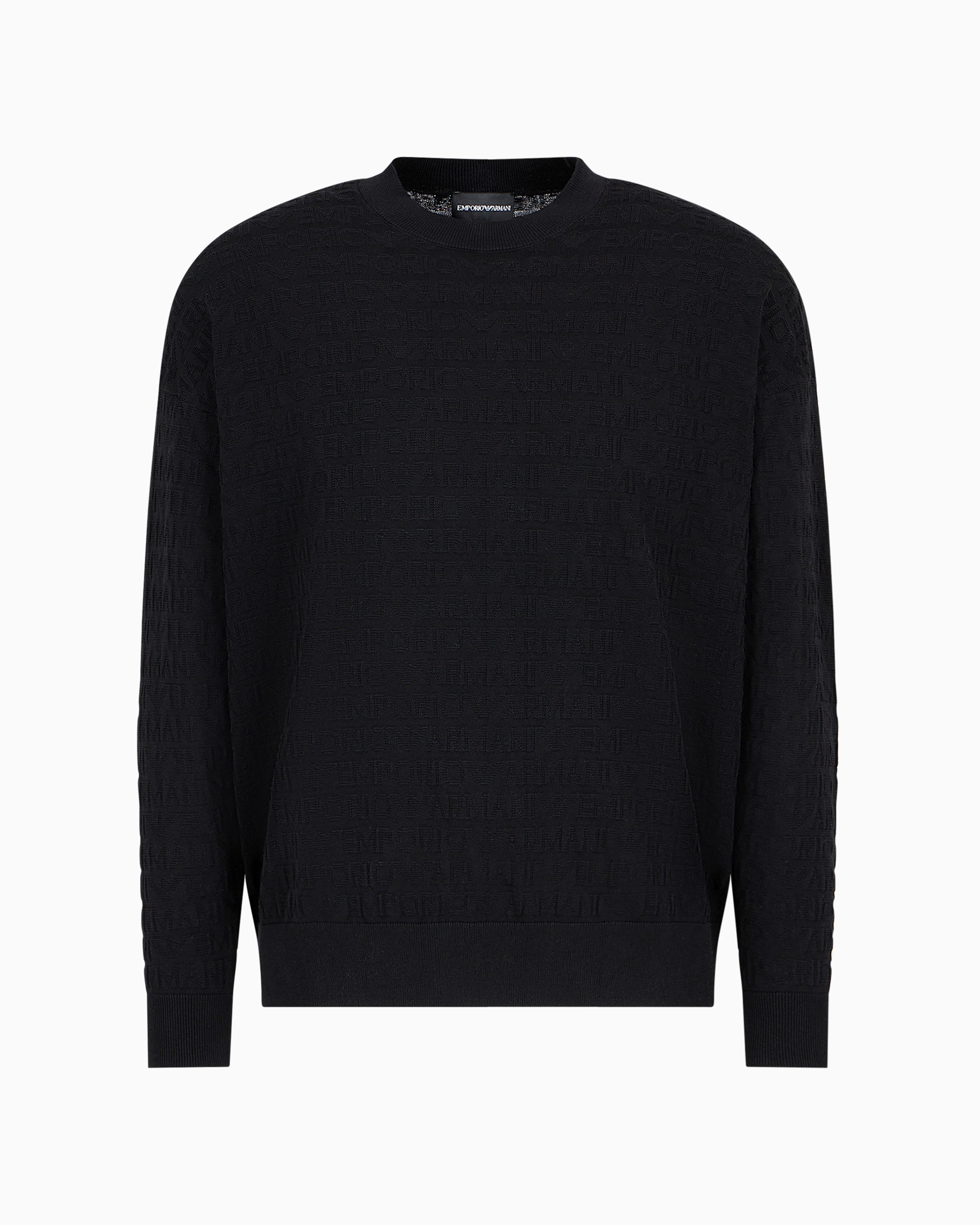 Emporio Armani Official Store Cotton Jumper With All-over Jacquard Lettering In Black