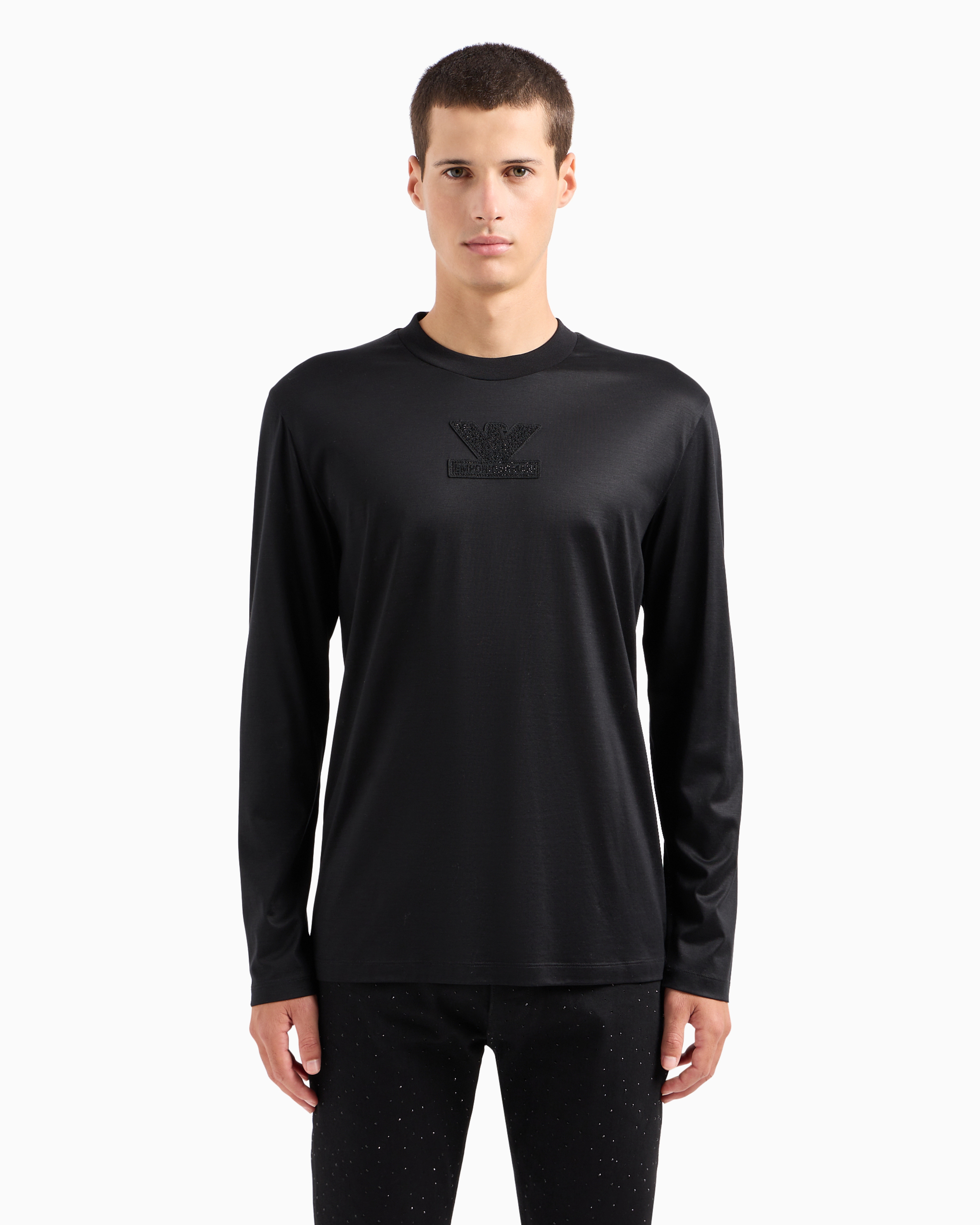 Emporio Armani Asv Clubwear Oversize Sweater In Lyocell-blend Jersey With Rhinestone Patch In Black
