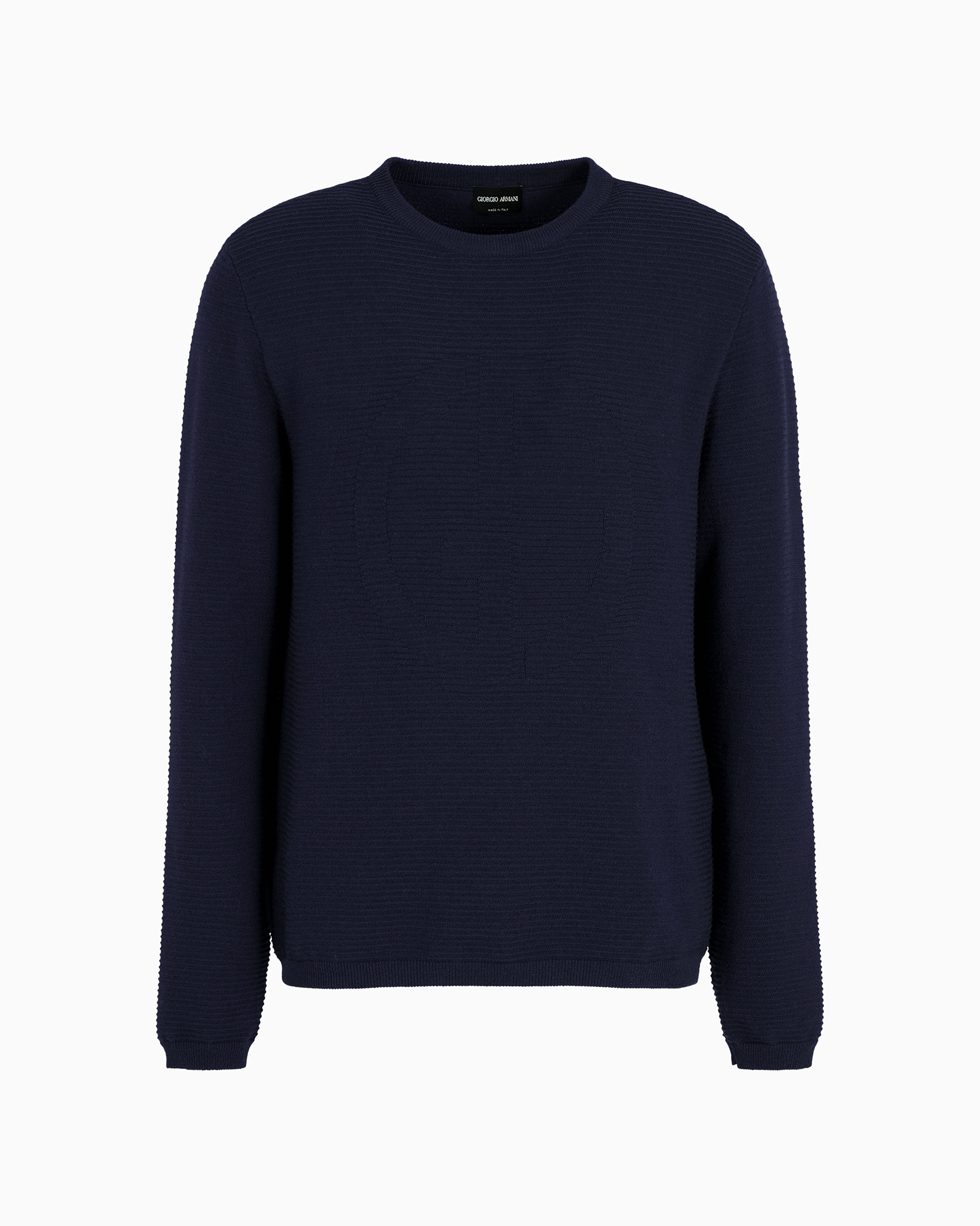 Giorgio Armani Official Store Virgin-wool Blend Crew-neck Jumper With Jacquard Logo In Midnight Blue