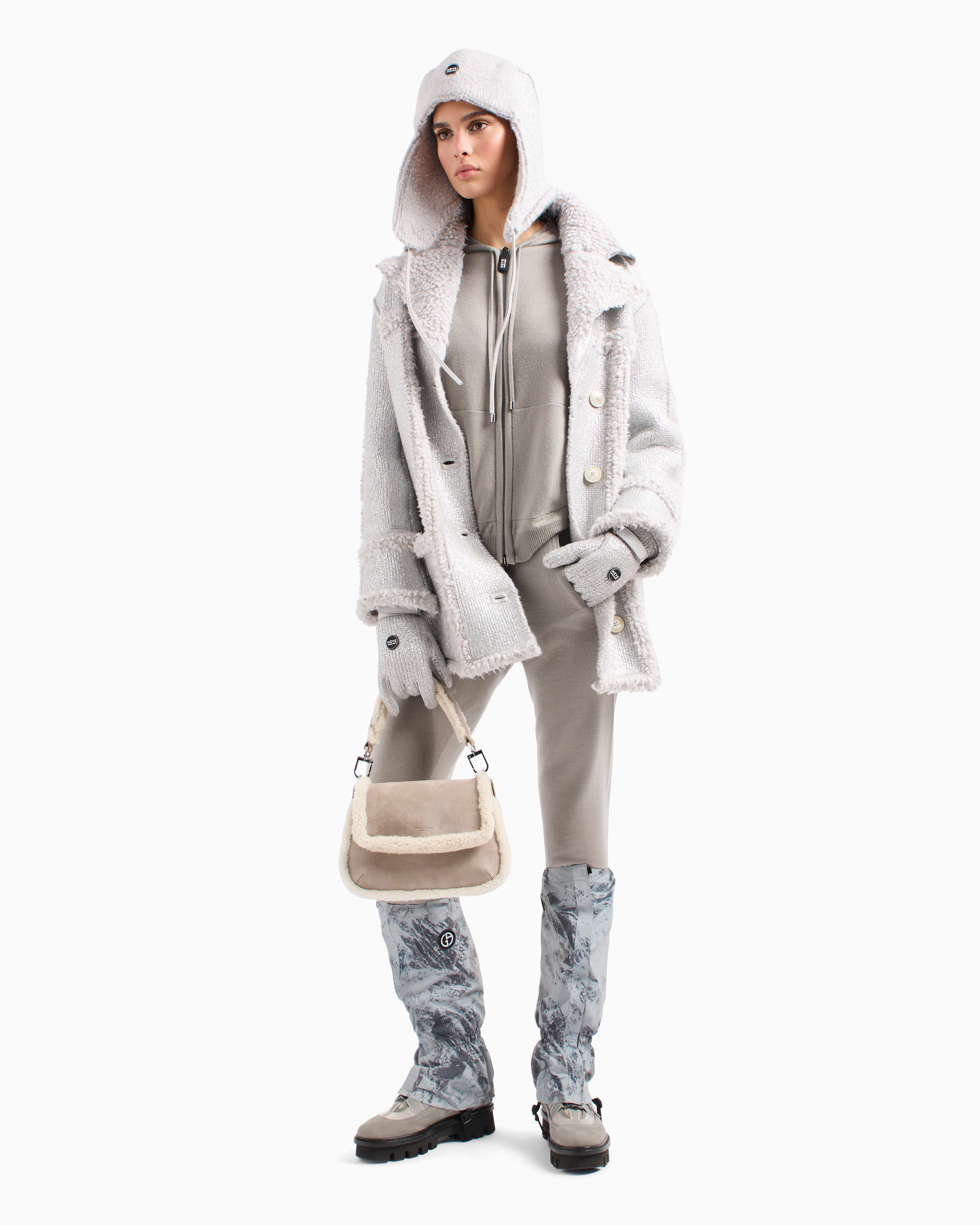 Giorgio Armani Neve Pea Coat In A Laminated Cashmere, Alpaca And Silk Blend In Silver