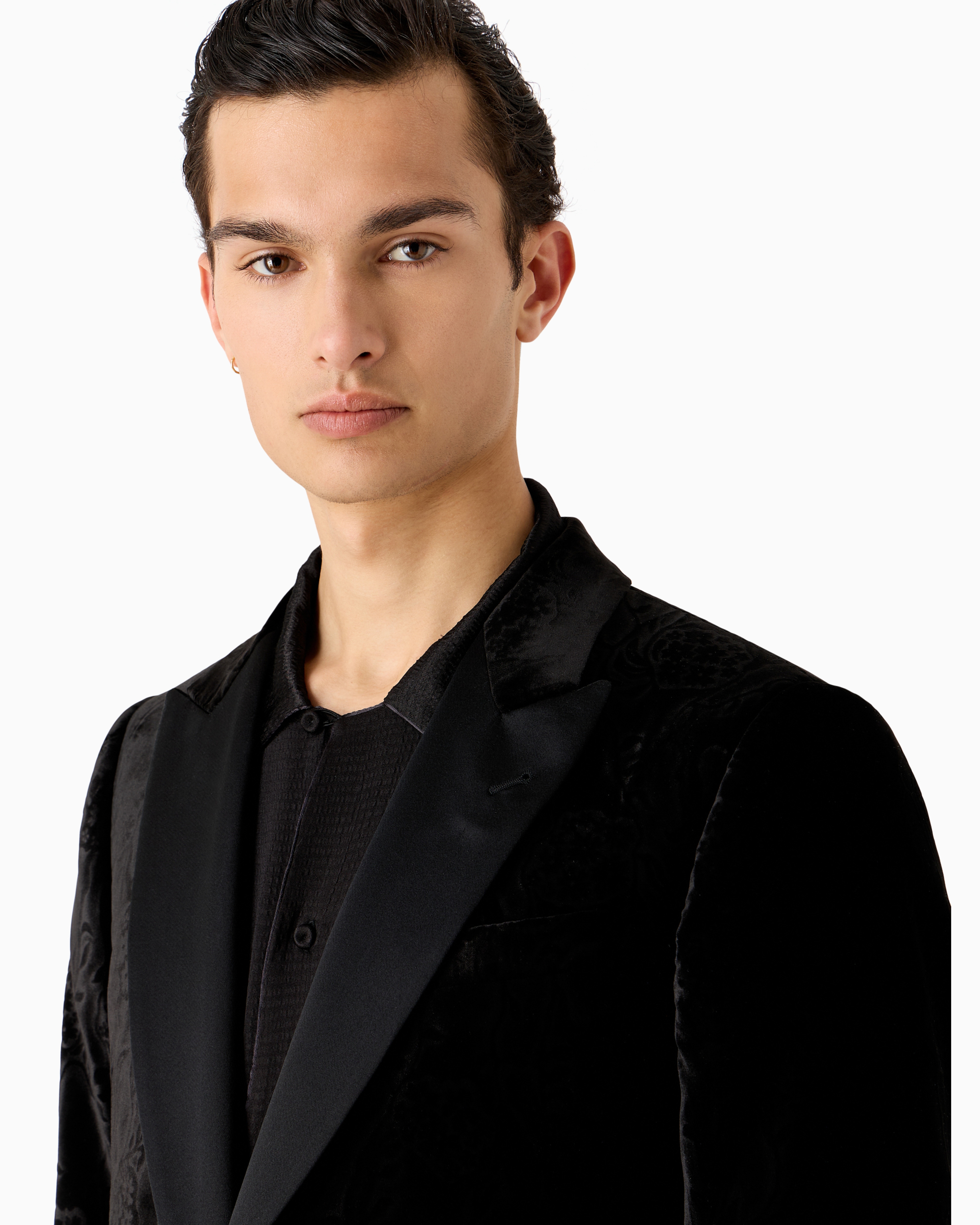 Emporio Armani Official Store Slim-fit Velvet Tuxedo Jacket With All-over Printed Motif In Black