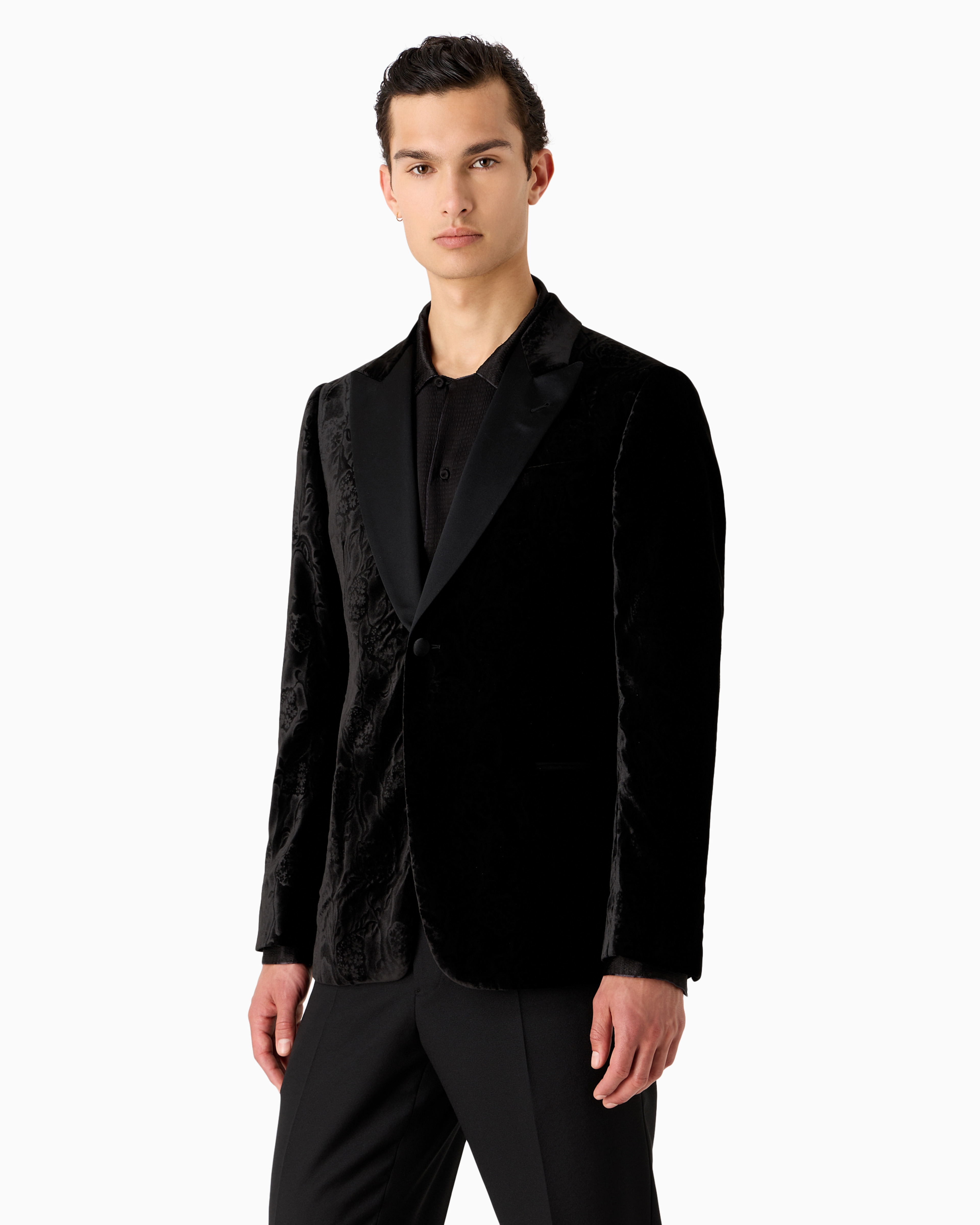 Emporio Armani Official Store Slim-fit Velvet Tuxedo Jacket With All-over Printed Motif In Black