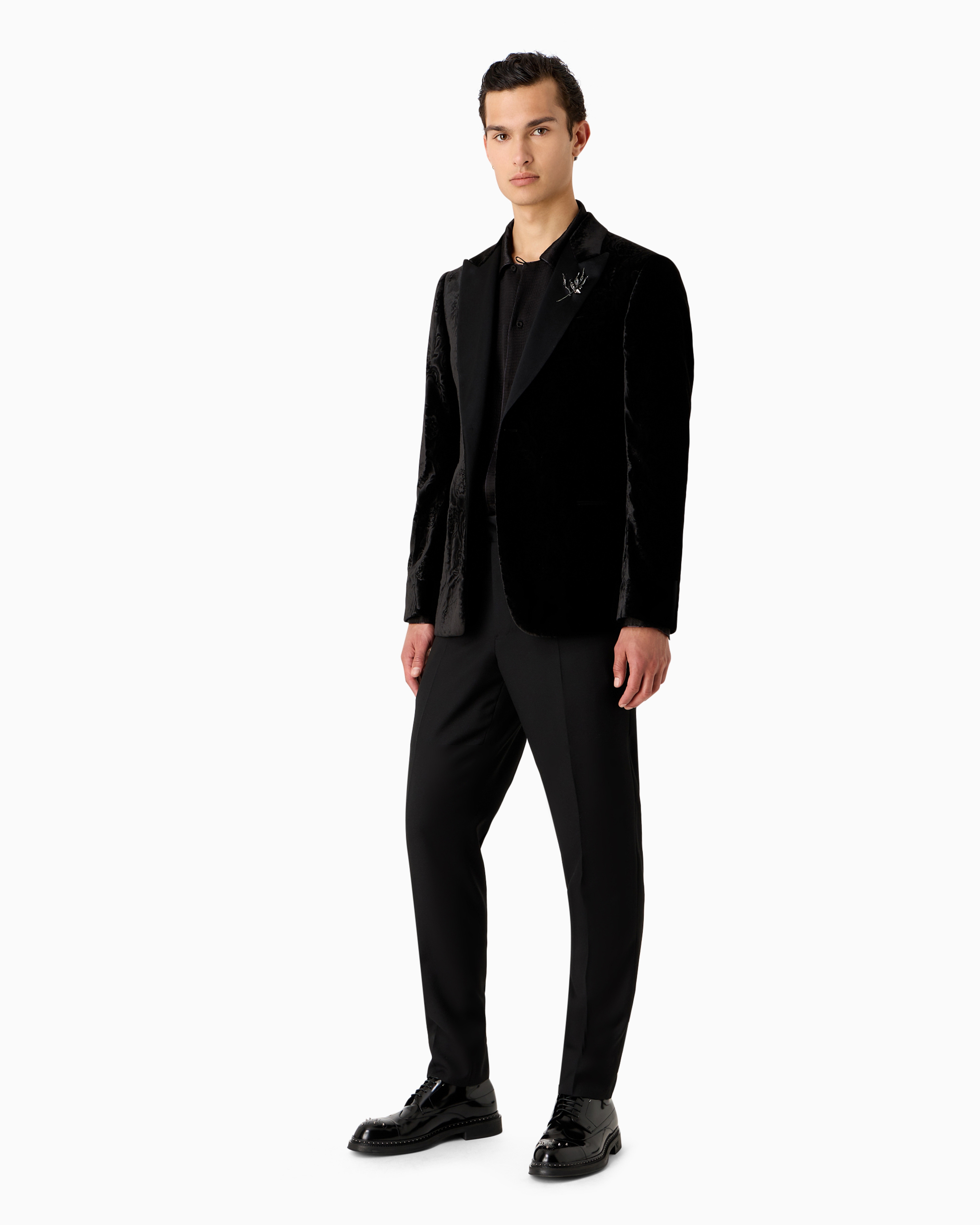 Emporio Armani Official Store Slim-fit Velvet Tuxedo Jacket With All-over Printed Motif In Black