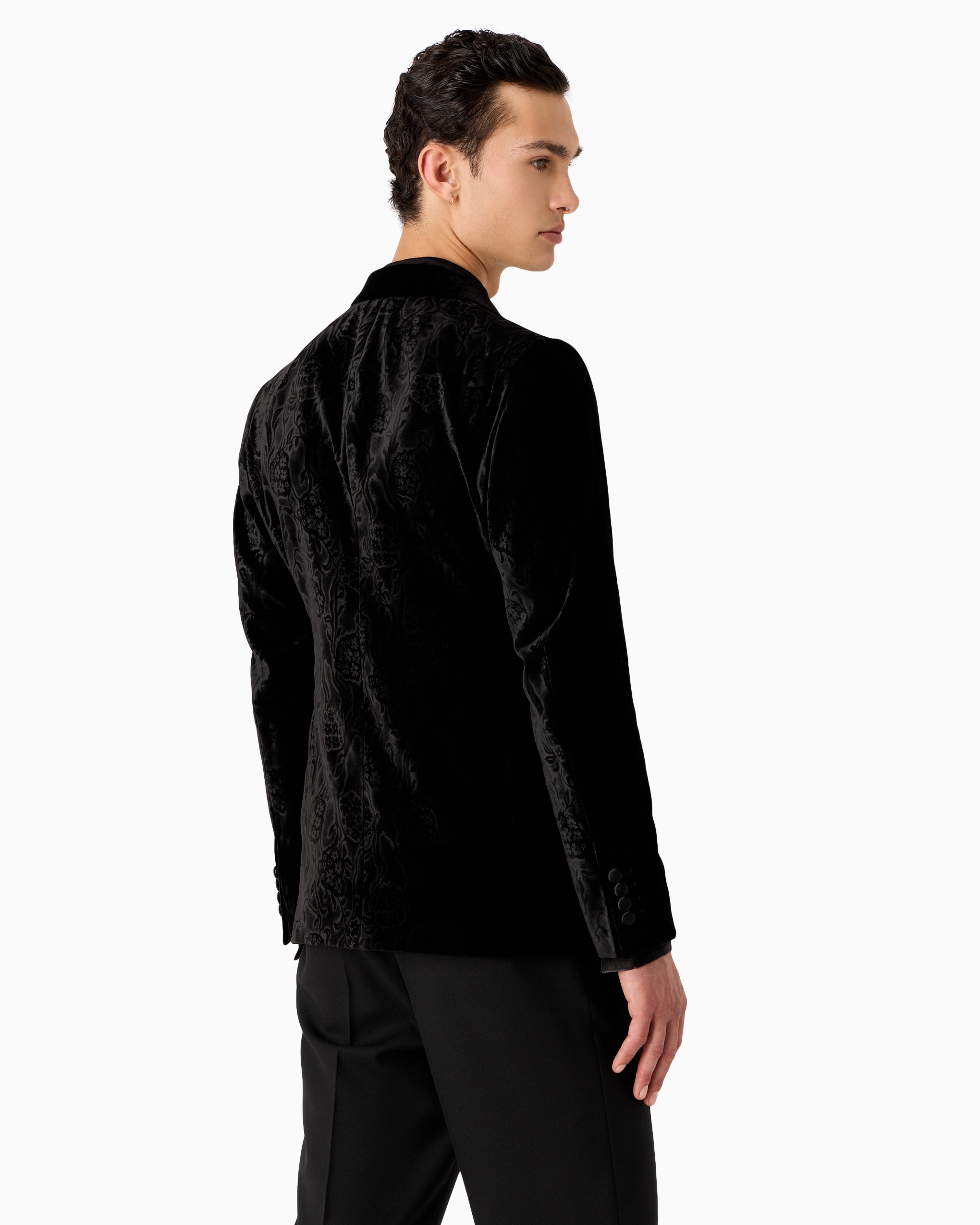 Emporio Armani Official Store Slim-fit Velvet Tuxedo Jacket With All-over Printed Motif In Black