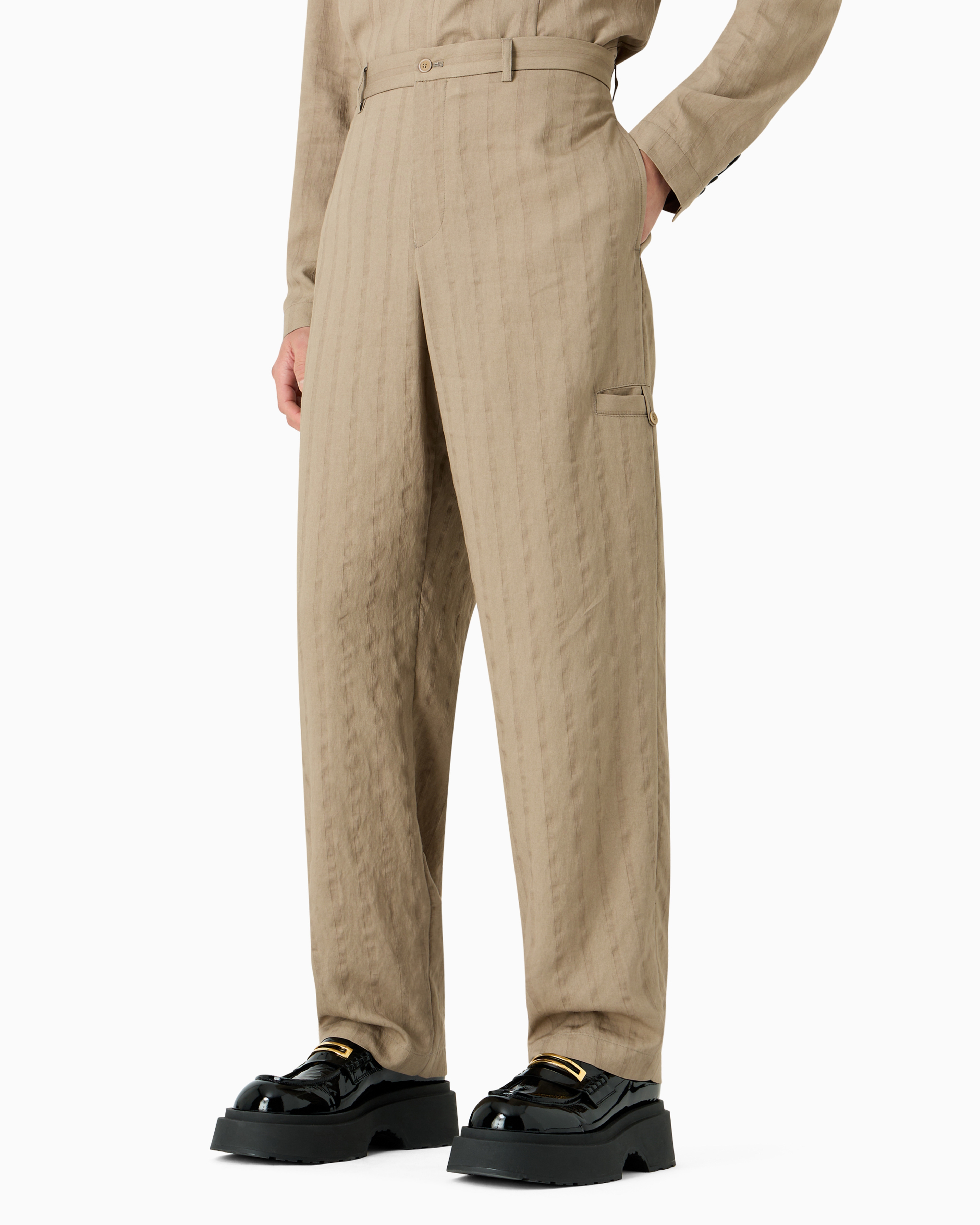 Emporio Armani Official Store Trousers With Monochromatic Stripes In A Peach-feel Viscose-blend In Beige