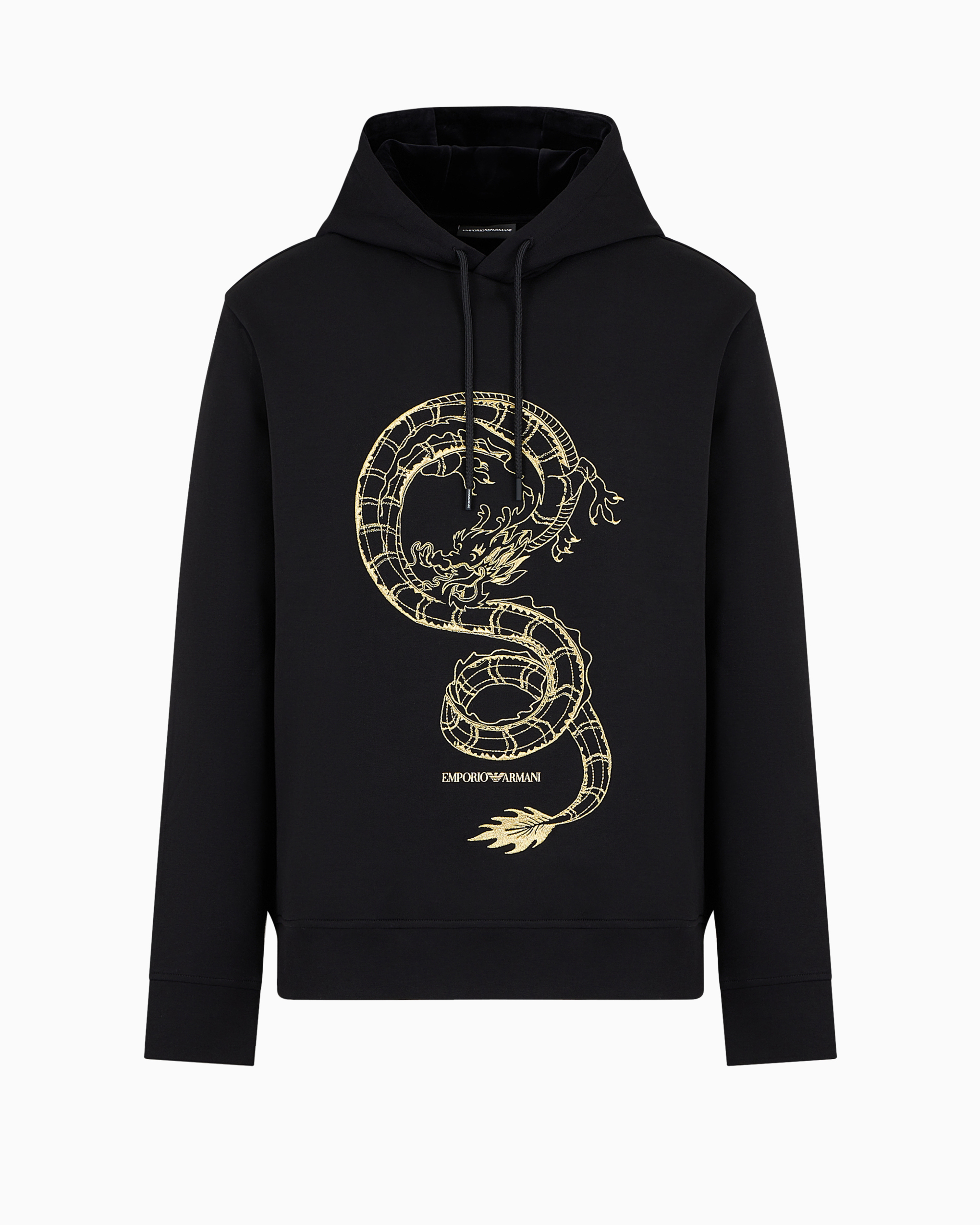 Emporio Armani Official Store Double-jersey Hooded Sweatshirt With Dragon Embroidery In Black