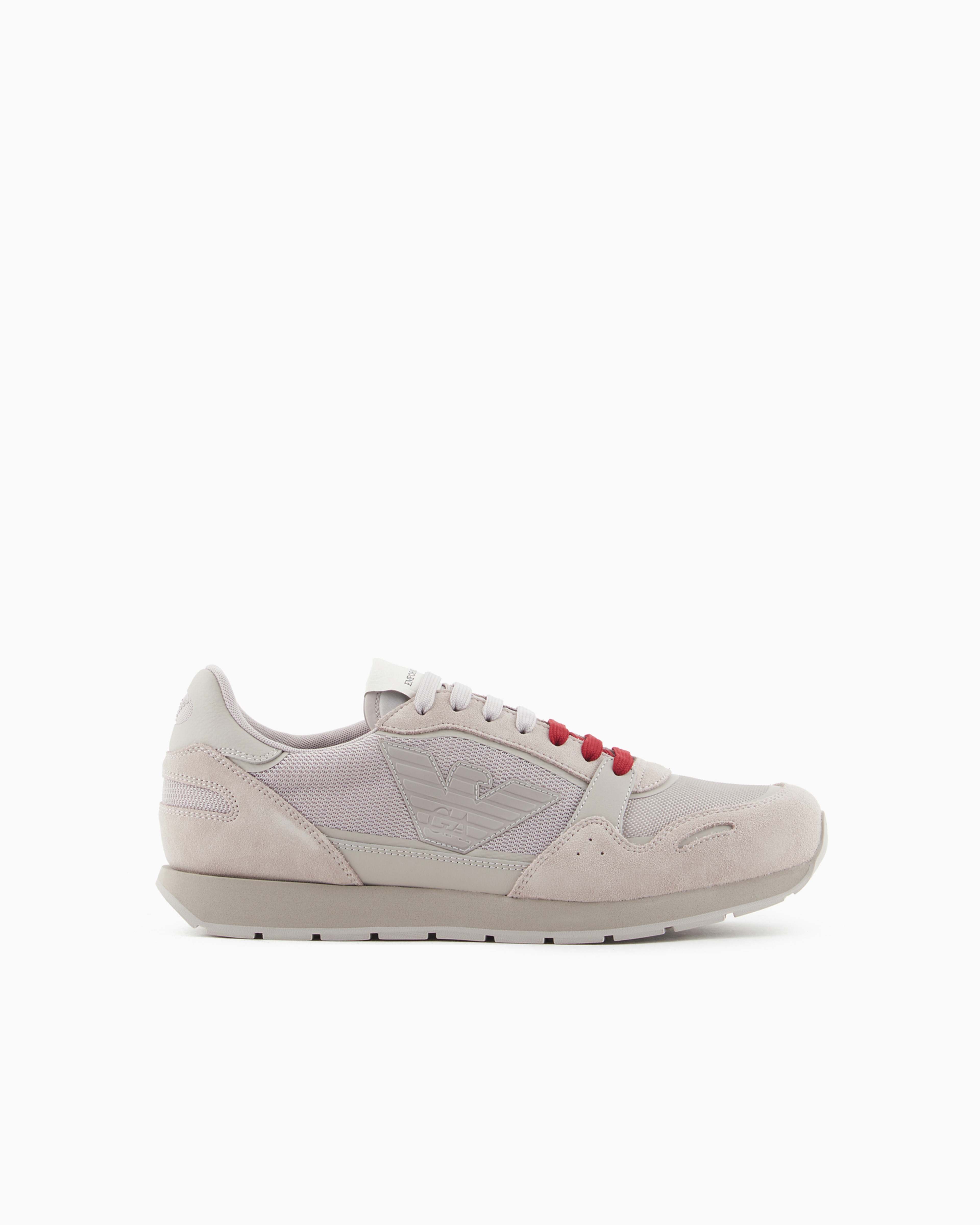 Emporio Armani Official Store Mesh Sneakers With Suede Details And Eagle Patch In Beige Logo