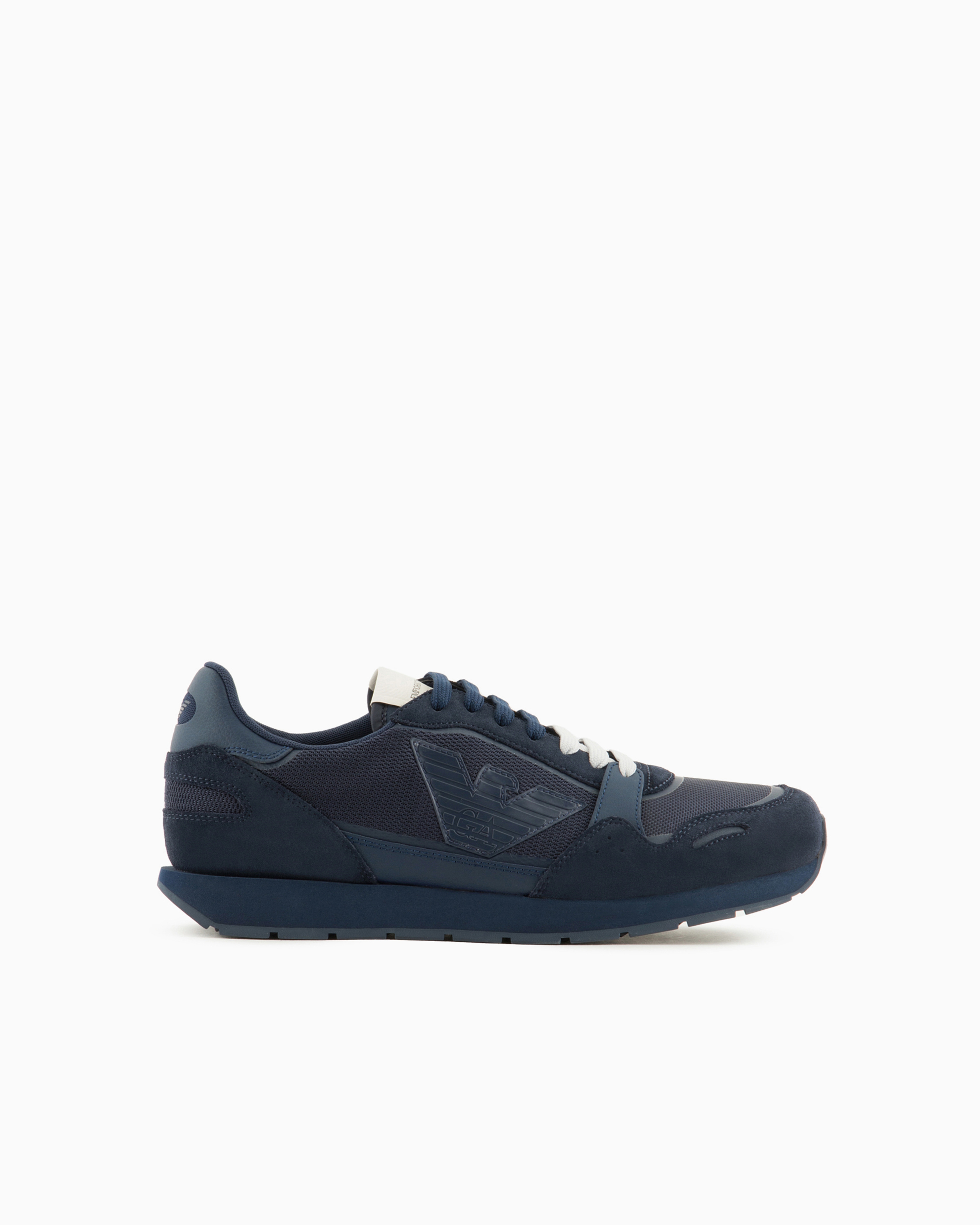 Emporio Armani Official Store Mesh Sneakers With Suede Details And Eagle Patch In Blue Logo