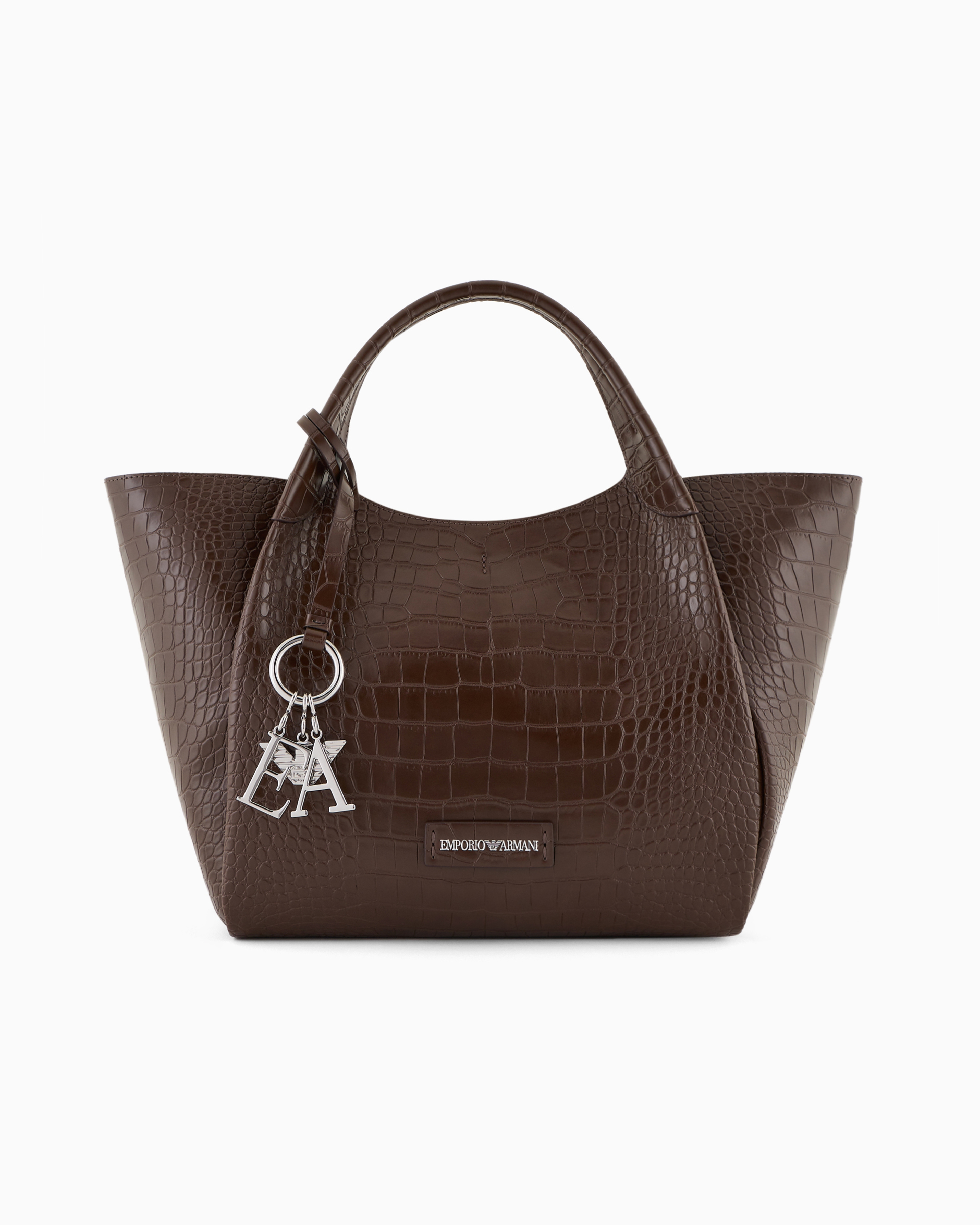 Emporio Armani Official Store Shopper Bag With Mock-croc Finish And Logo Charm In Buff