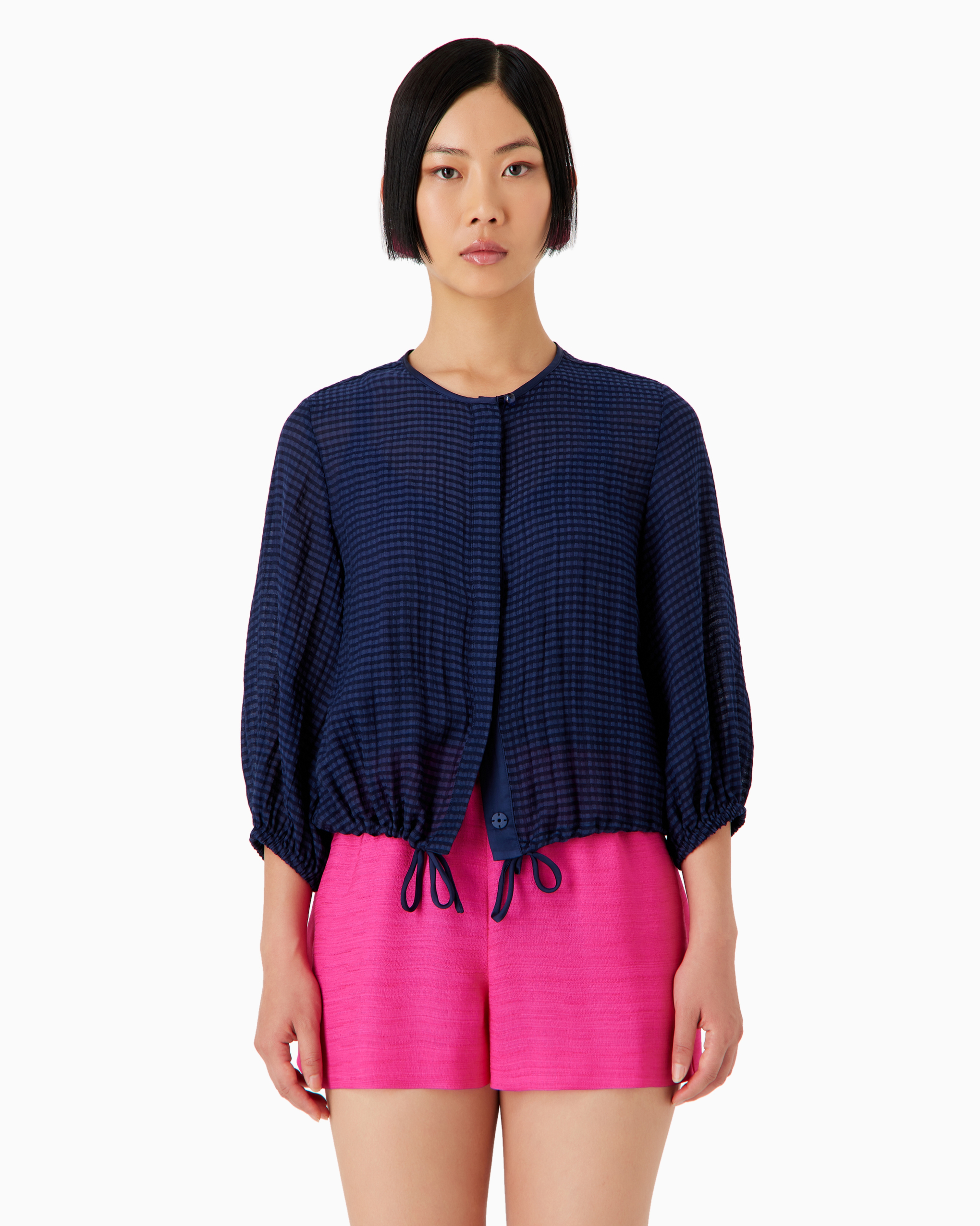 Emporio Armani Official Store Shirt Jacket In Gingham-effect Seersucker Fabric In Blue