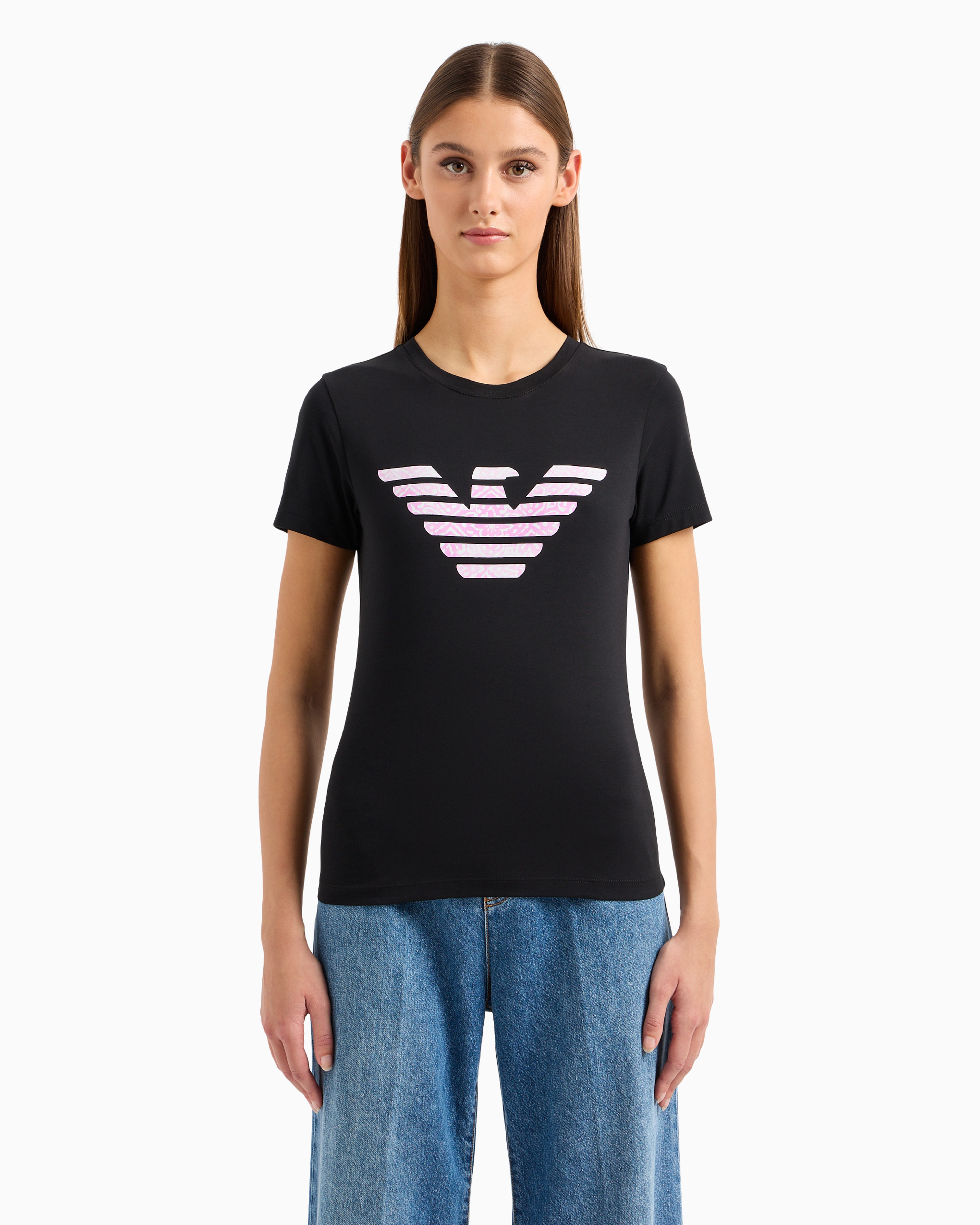 Shop Emporio Armani Organic Stretch Jersey T-shirt With Asv Oversized Eagle Pattern In Black