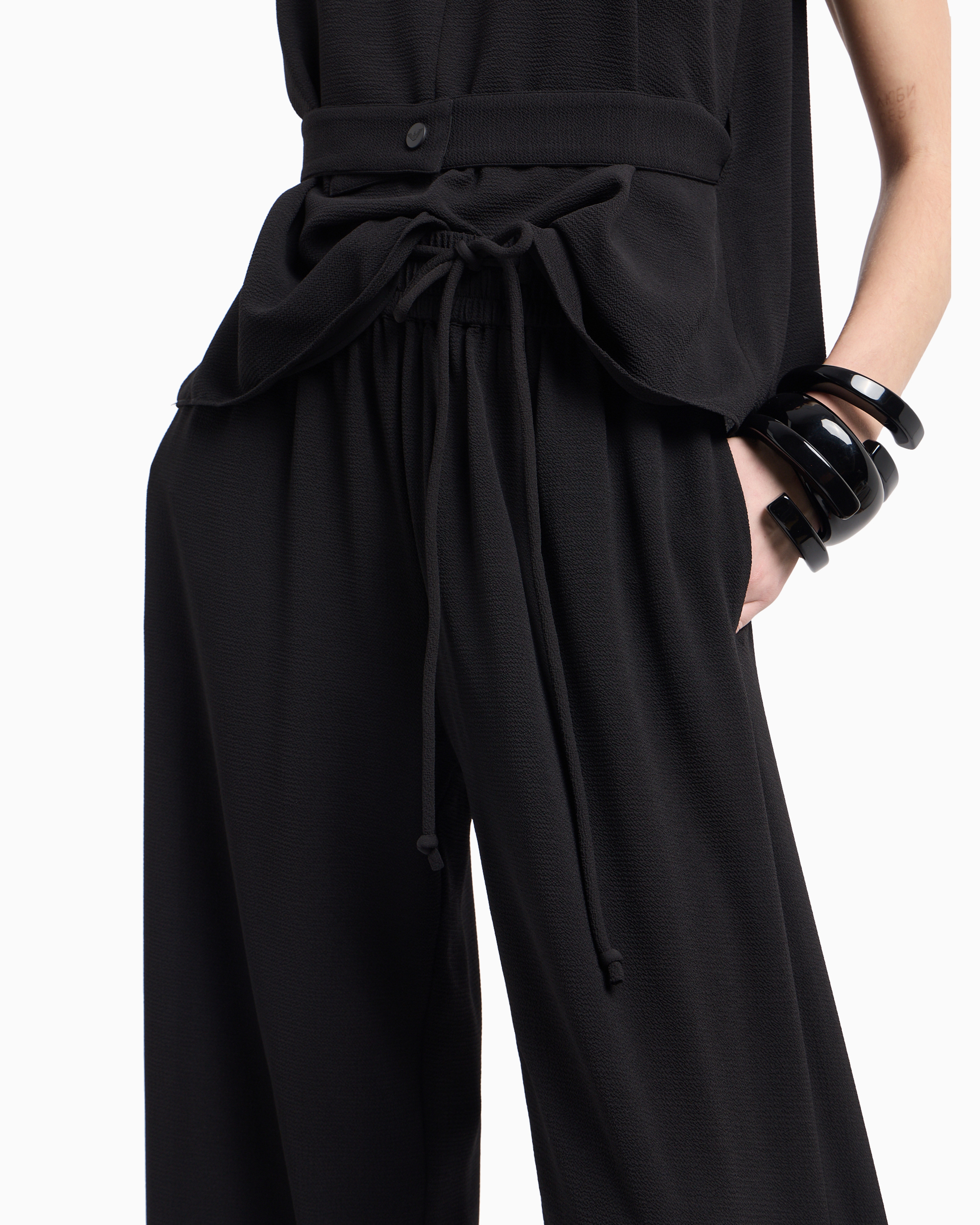 Shop Emporio Armani Elasticated-waist Trousers With Tubular Armure-crêpe Belt In Black