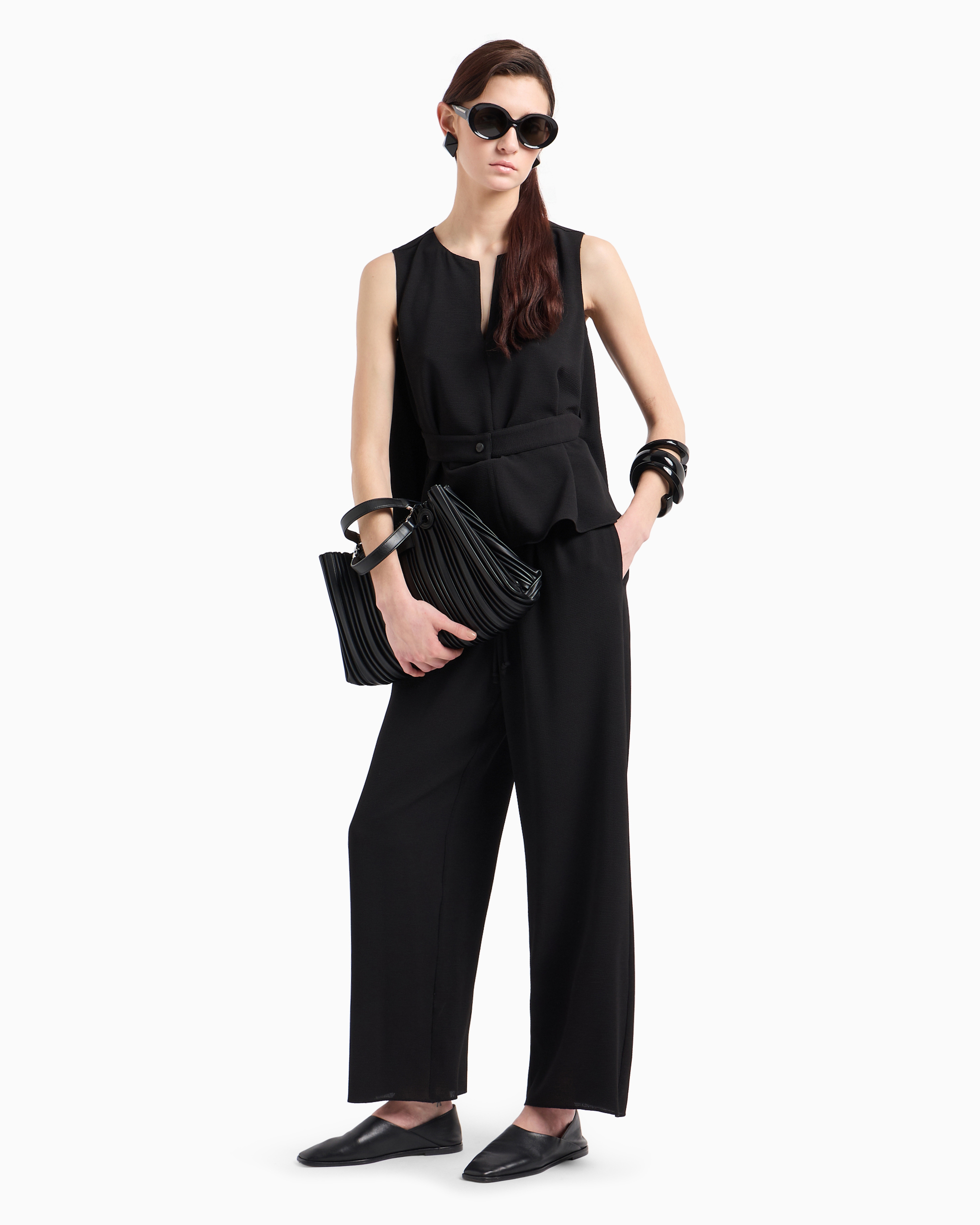 Shop Emporio Armani Elasticated-waist Trousers With Tubular Armure-crêpe Belt In Black