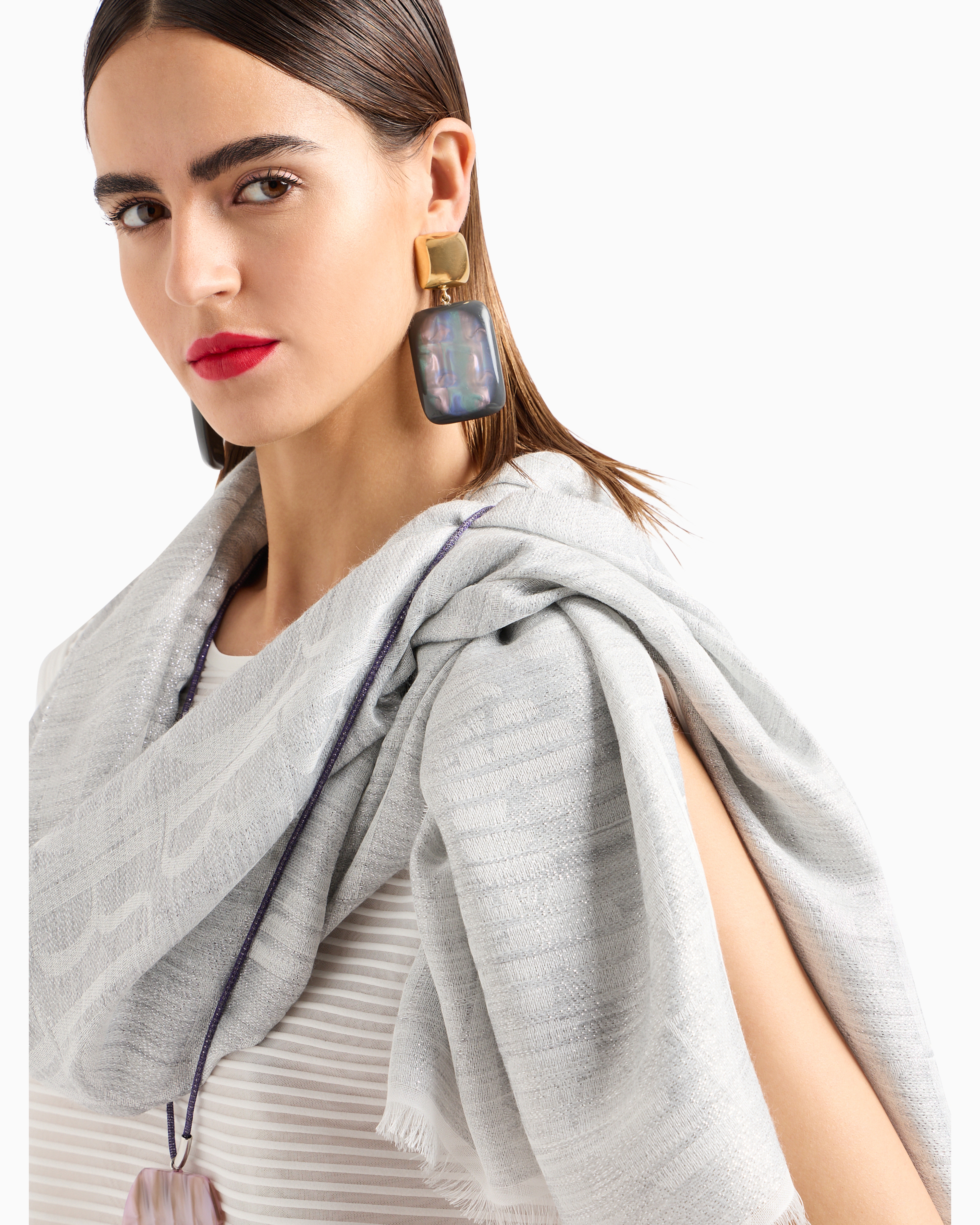 Emporio Armani Official Store Modal Blend Stole With Tone-on-tone Jacquard Lettering In Light Grey