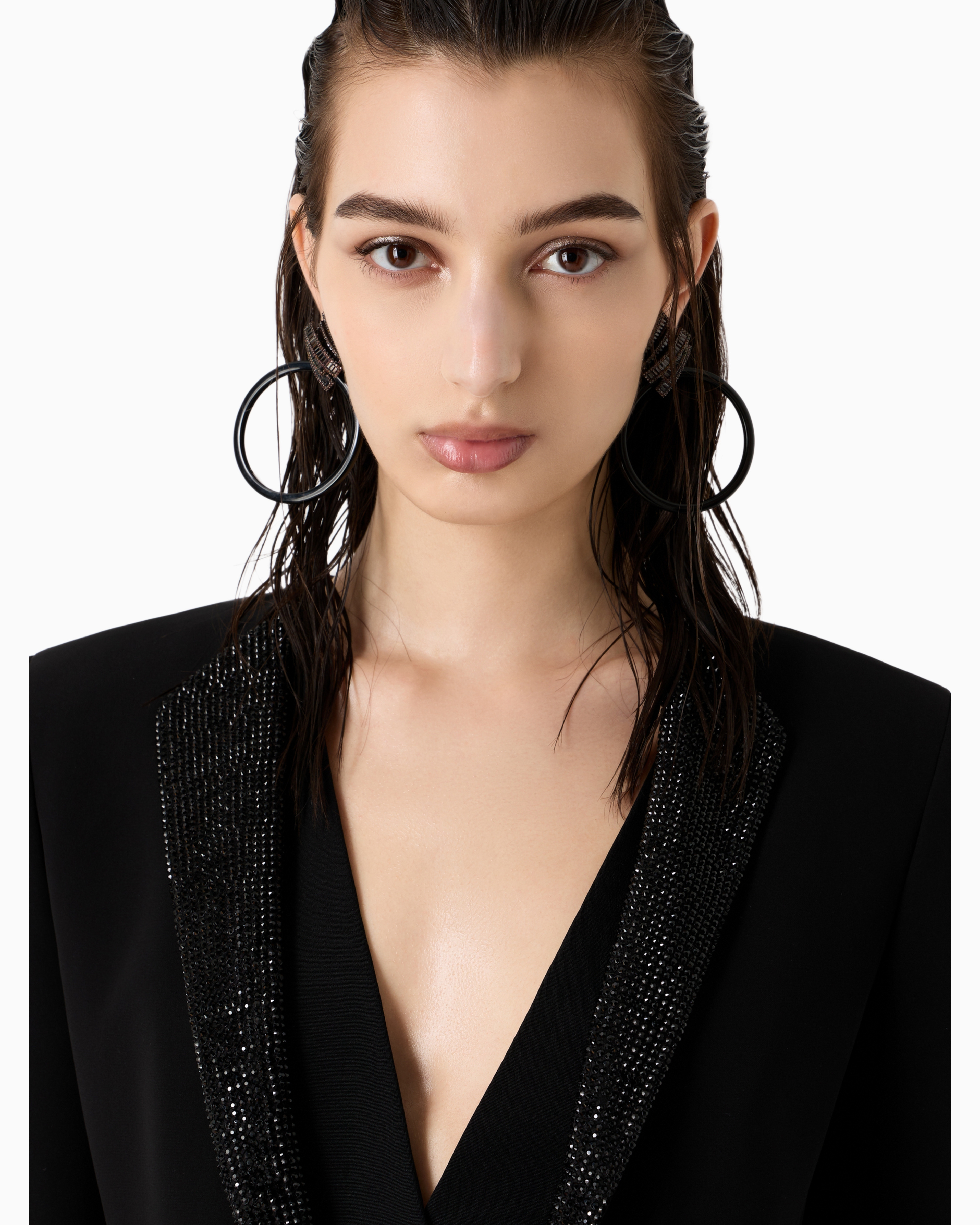 Giorgio Armani Official Store Single-breasted Jacket In Silk Cady With Rhinestone Details In Black