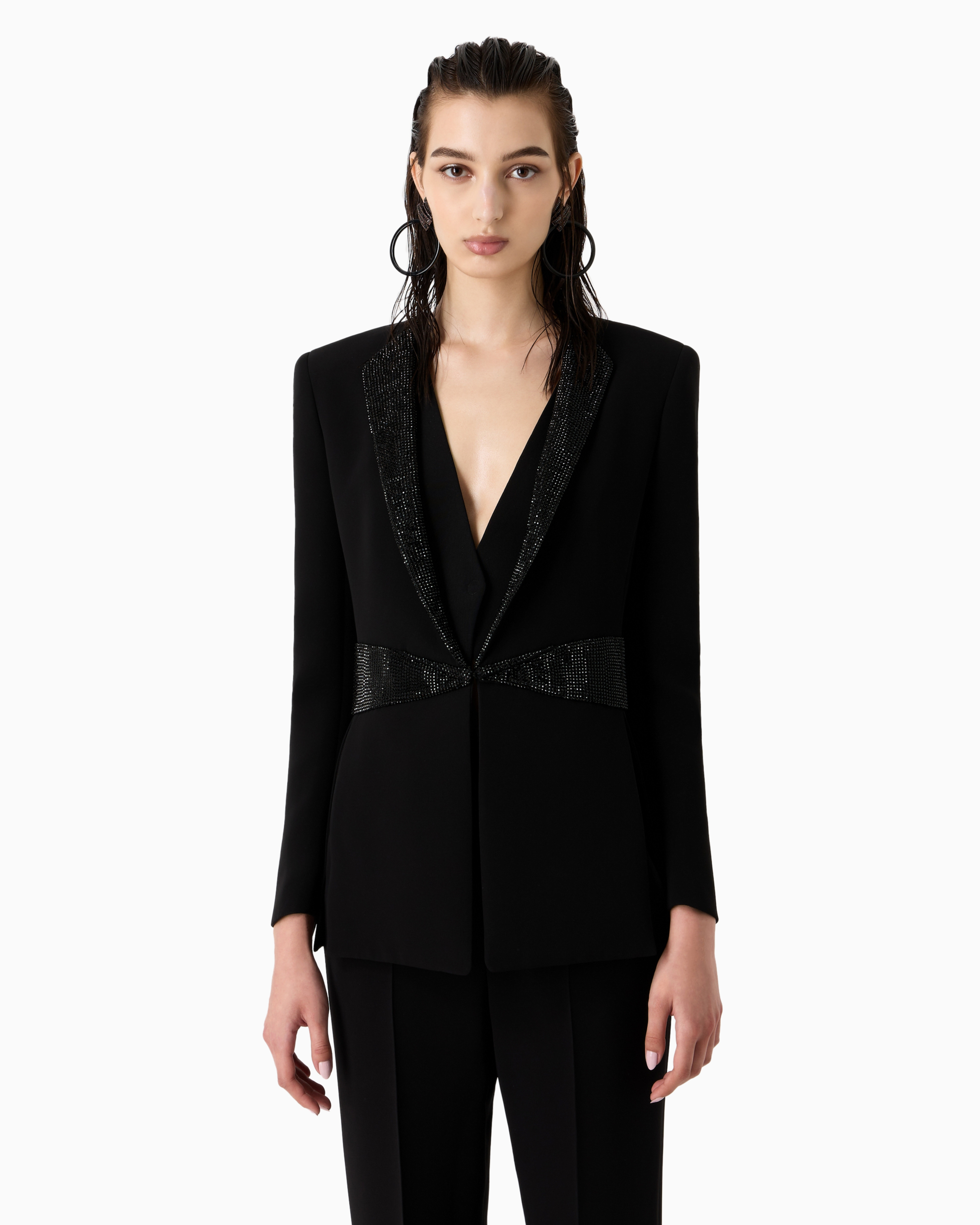 Giorgio Armani Official Store Single-breasted Jacket In Silk Cady With Rhinestone Details In Black