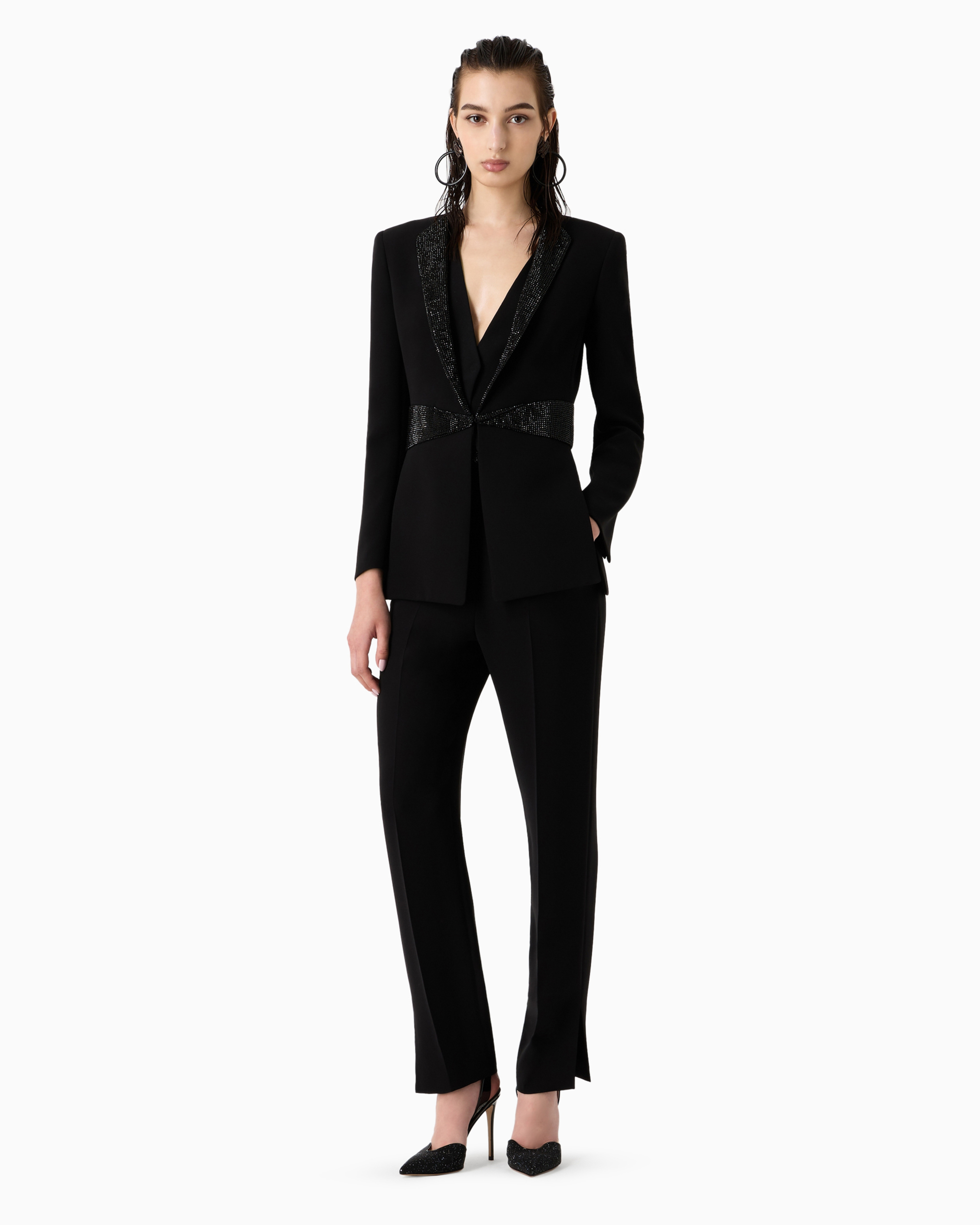 Giorgio Armani Official Store Single-breasted Jacket In Silk Cady With Rhinestone Details In Black