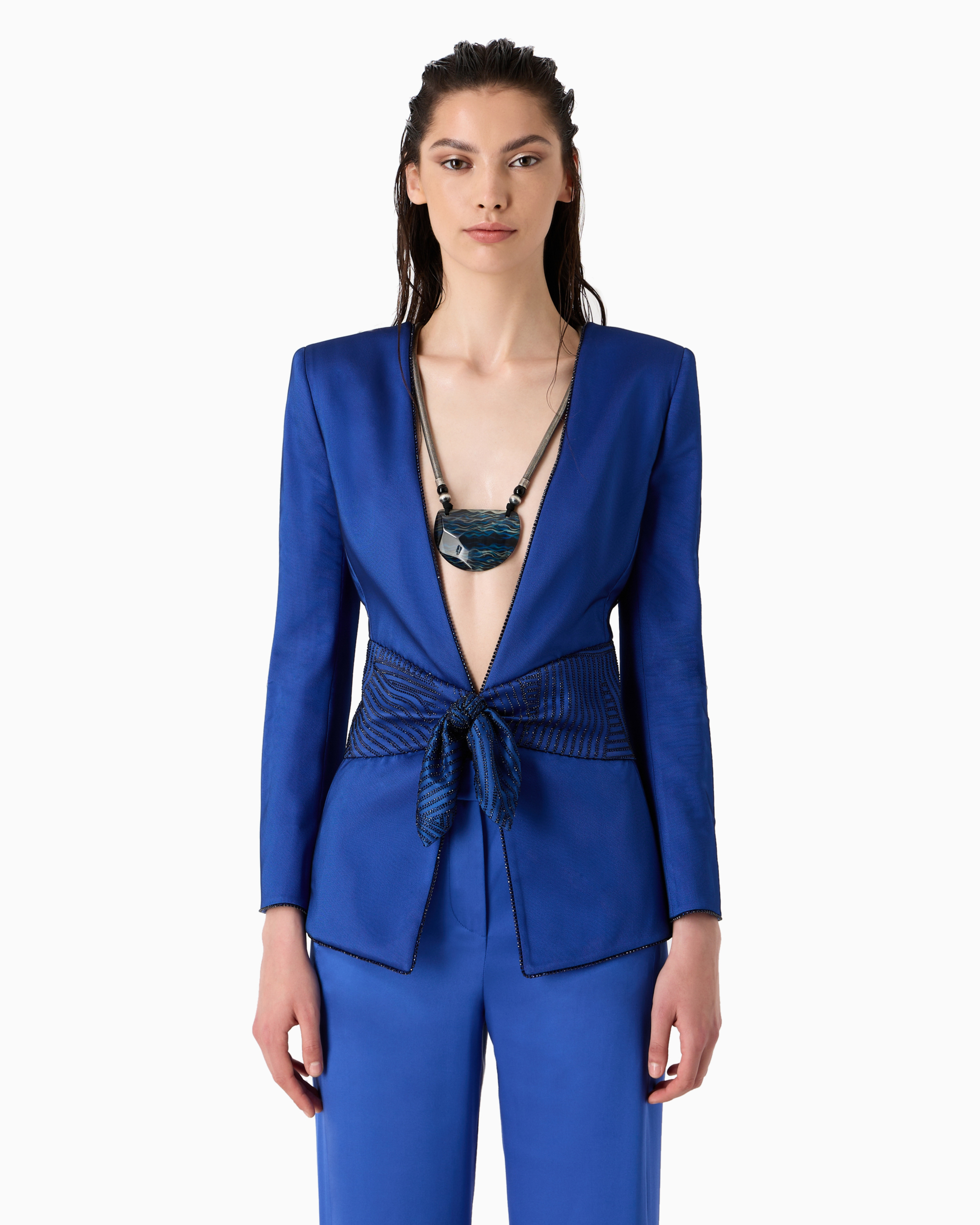 Giorgio Armani Silk, Single-breasted Jacket With Embroidered Belt In Patterned