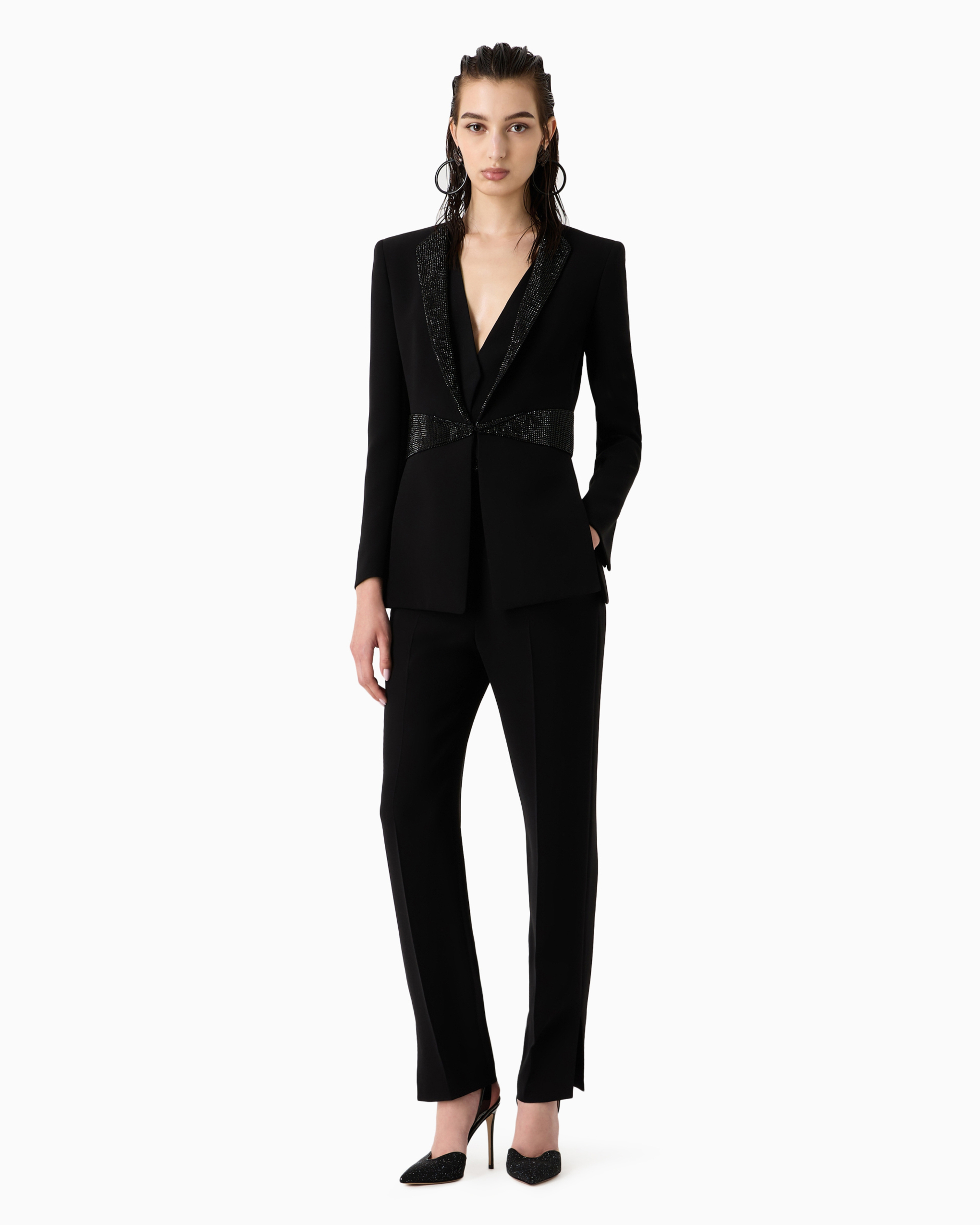 Shop Giorgio Armani Straight Trousers In Silk Cady With Rhinestone Details In Black