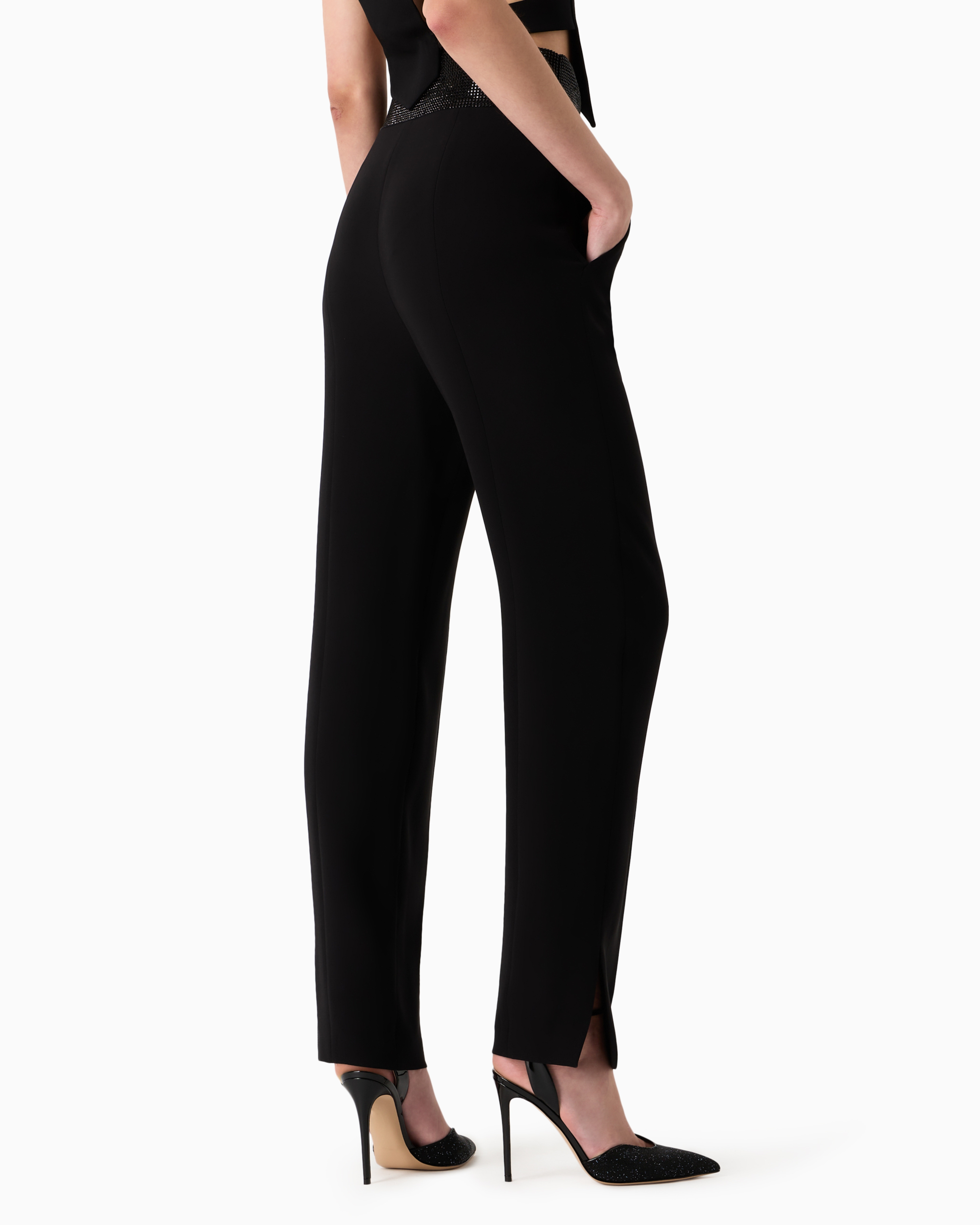 Shop Giorgio Armani Straight Trousers In Silk Cady With Rhinestone Details In Black