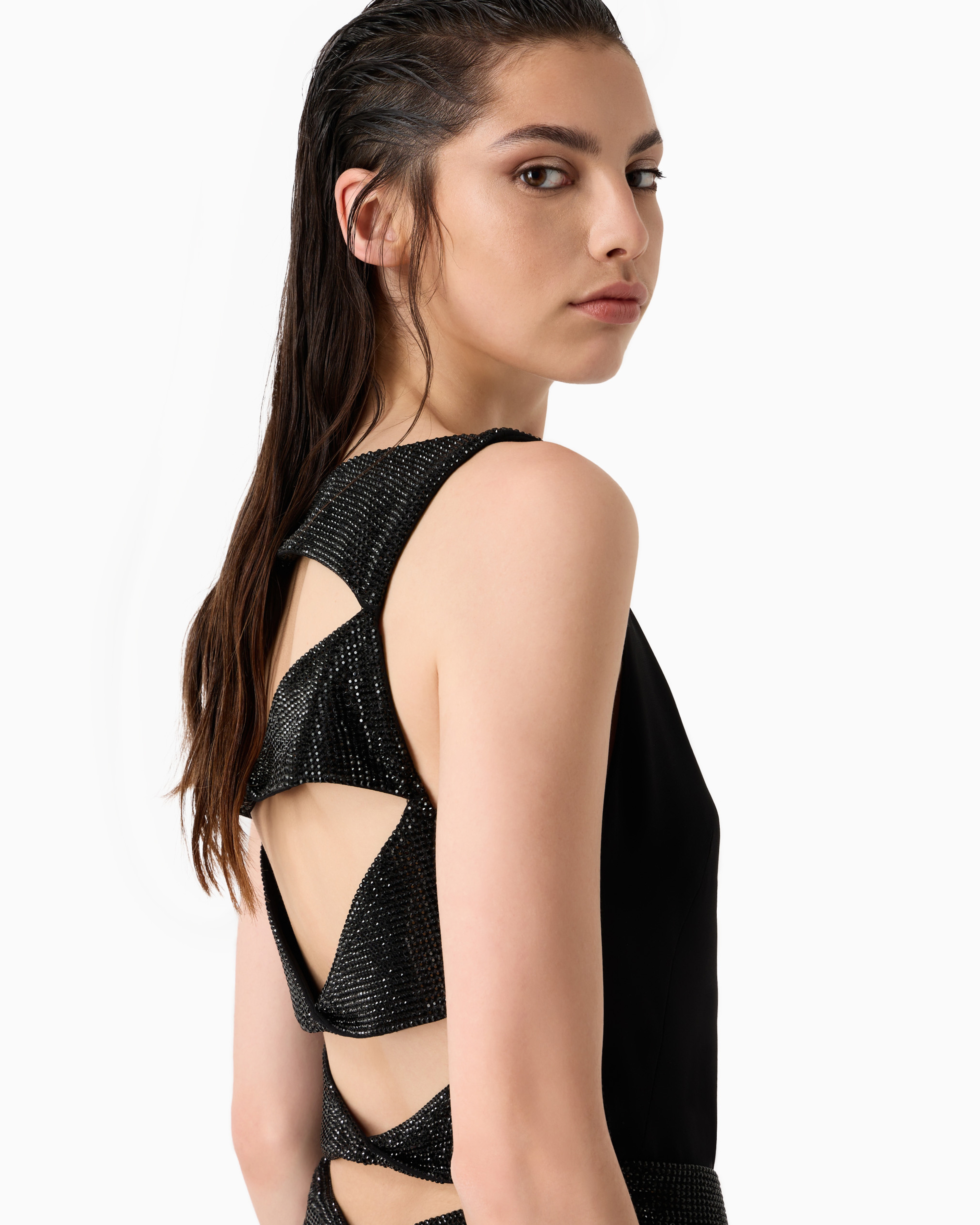 Giorgio Armani Official Store Long Dress In Silk Cady With Rhinestone Details In Black