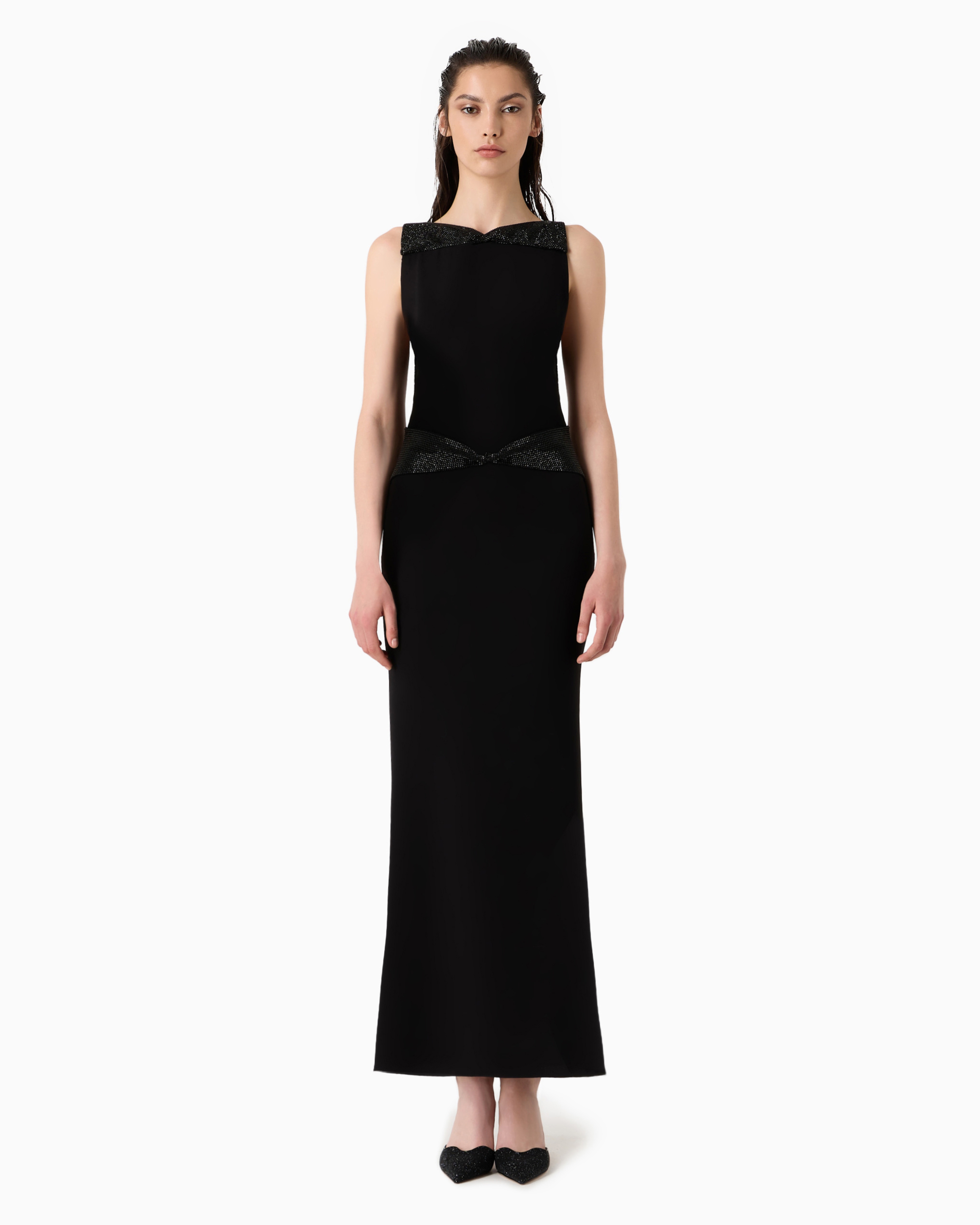Giorgio Armani Official Store Long Dress In Silk Cady With Rhinestone Details In Black
