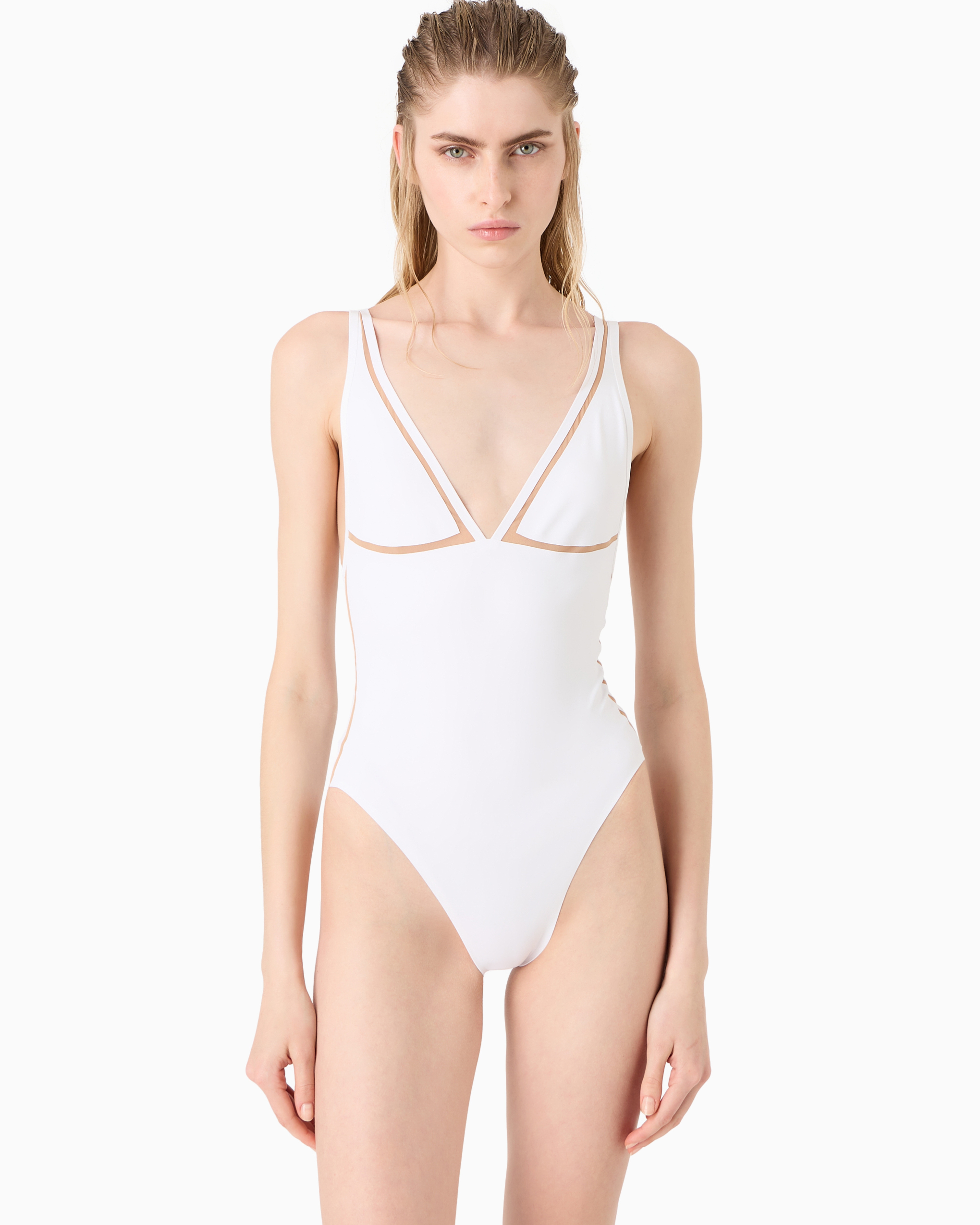 Giorgio Armani Official Store One-piece Swimsuit With Tulle Details In Blanc