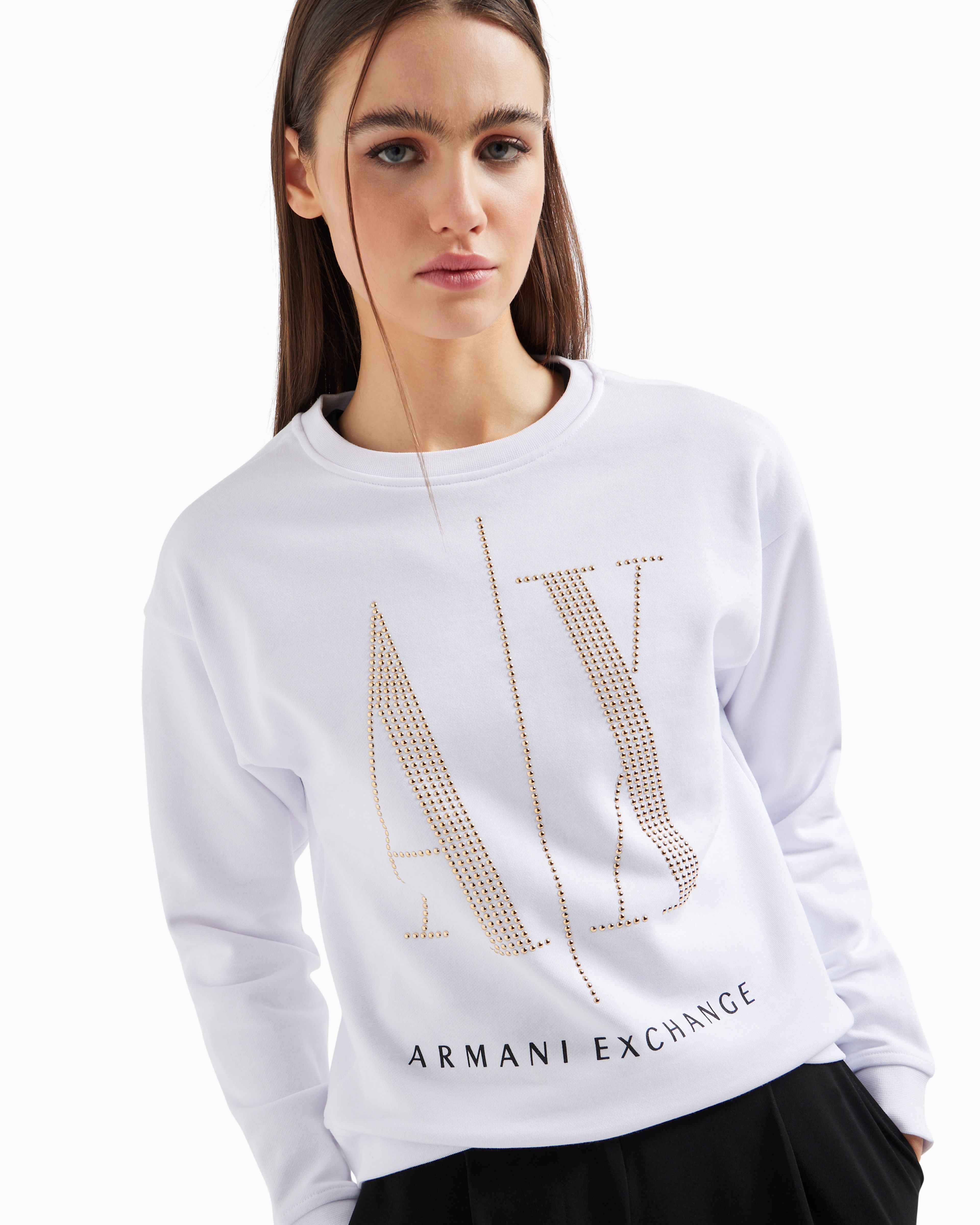 Shop Armani Exchange Icon Project French Terry Sweatshirt With Rhinestone Logo In White