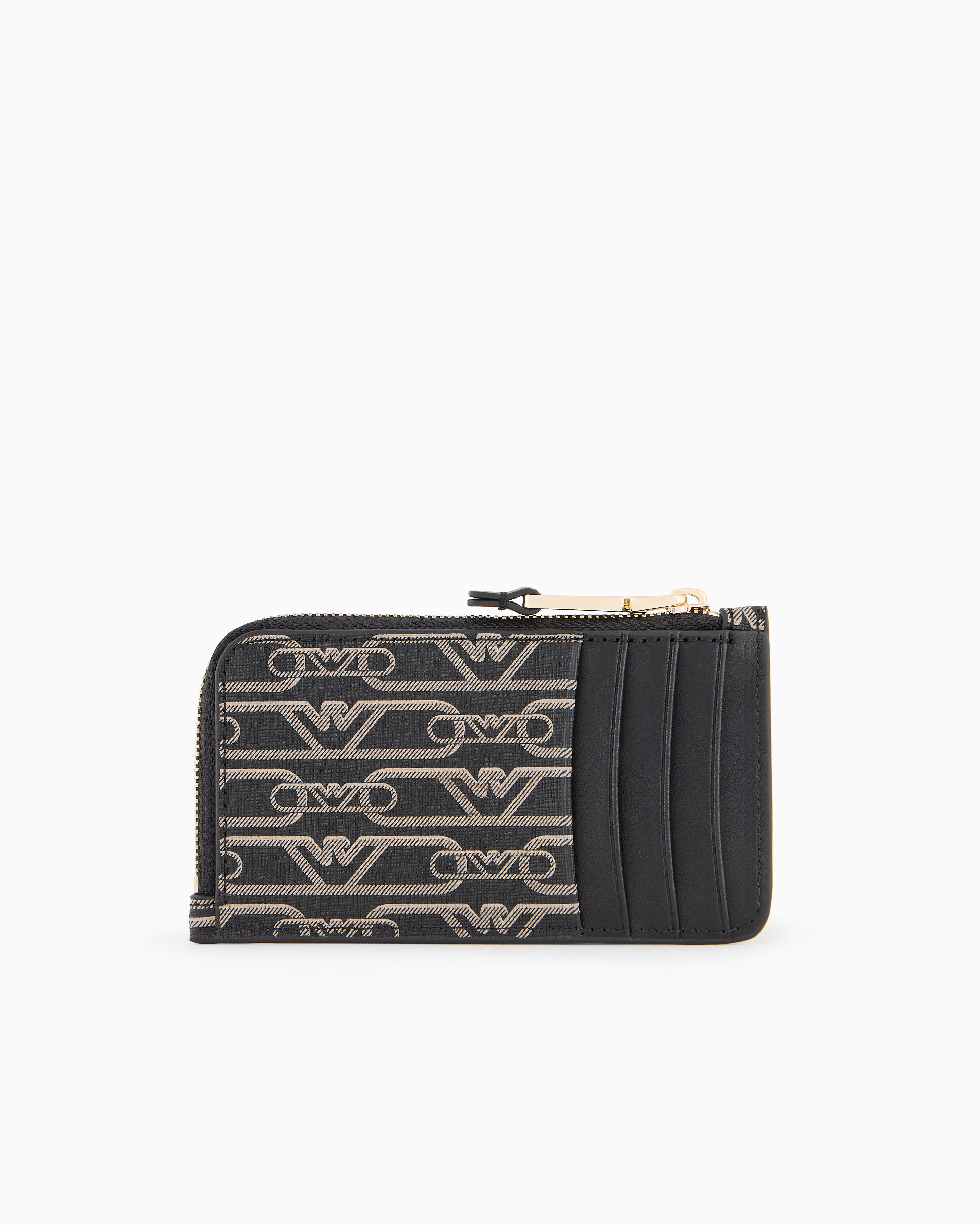 Shop Emporio Armani Zip-around Card Holder With All-over Monogram Print In Noir