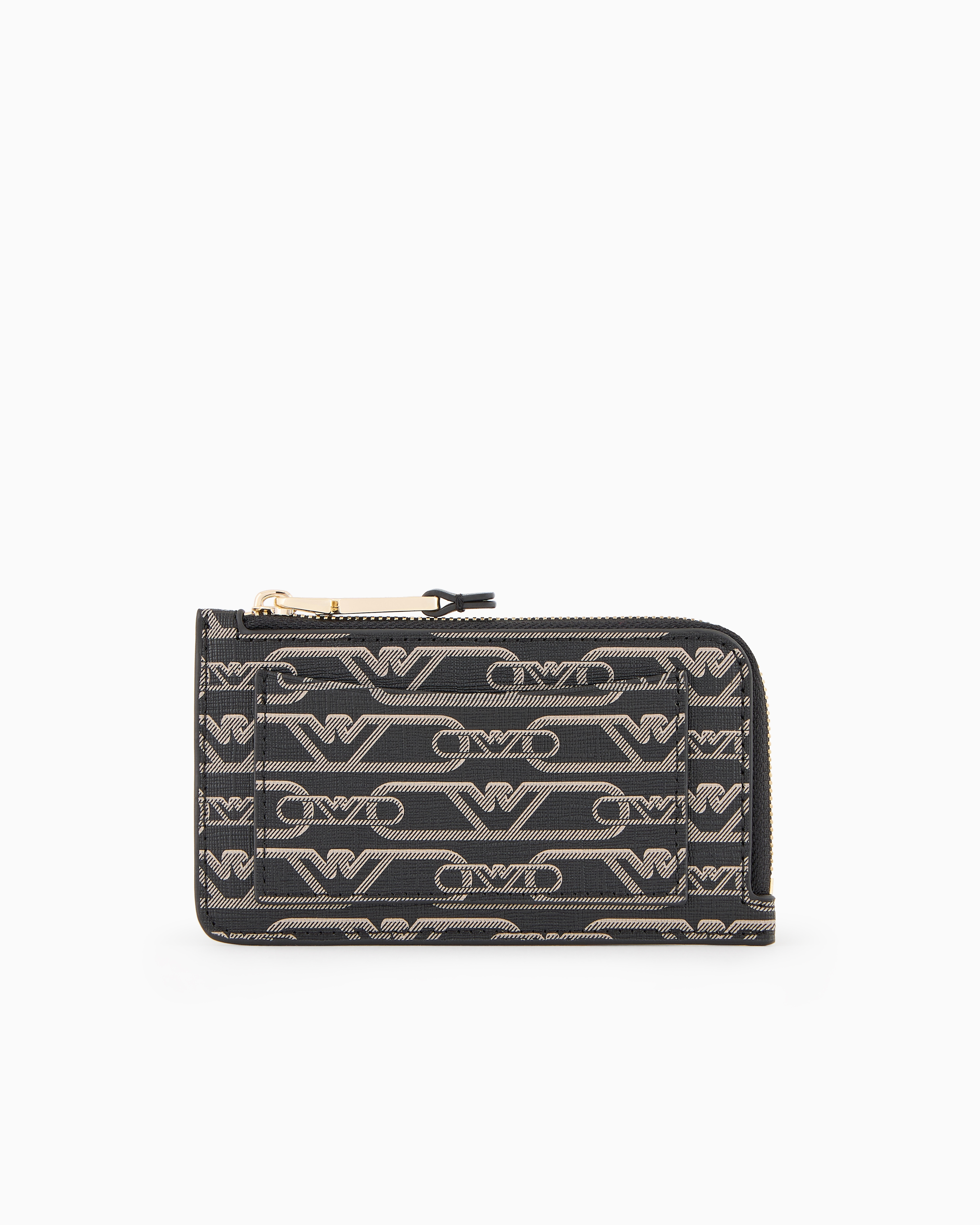 Emporio Armani Official Store Zip-around Card Holder With All-over Monogram Print In Noir