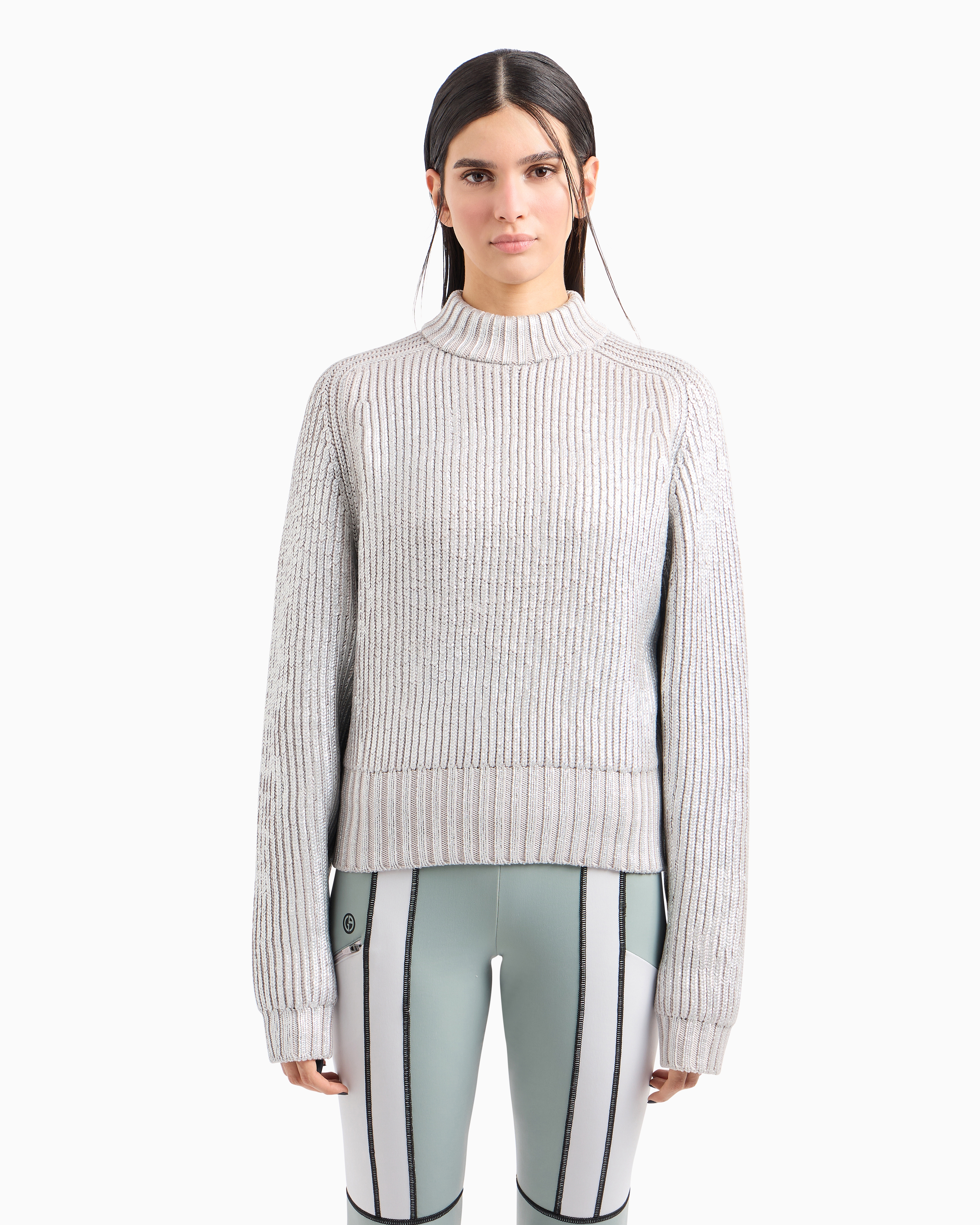 Giorgio Armani Neve Mock-neck Jumper In Metallic-effect Virgin Wool In Grey