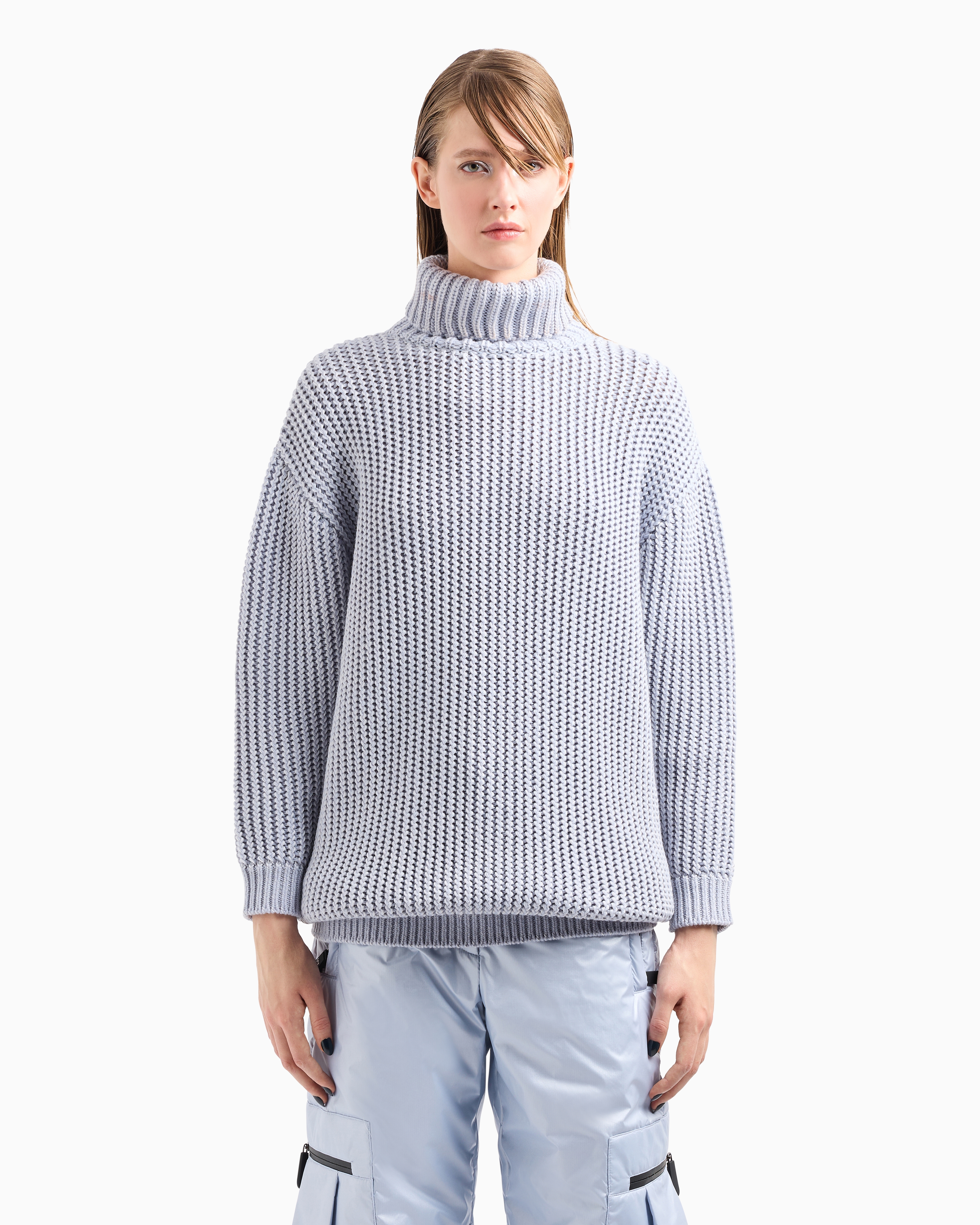 Giorgio Armani Neve Oversized Mock-neck Jumper In A Blend Of Cashmere And Virgin Wool In Light Blue