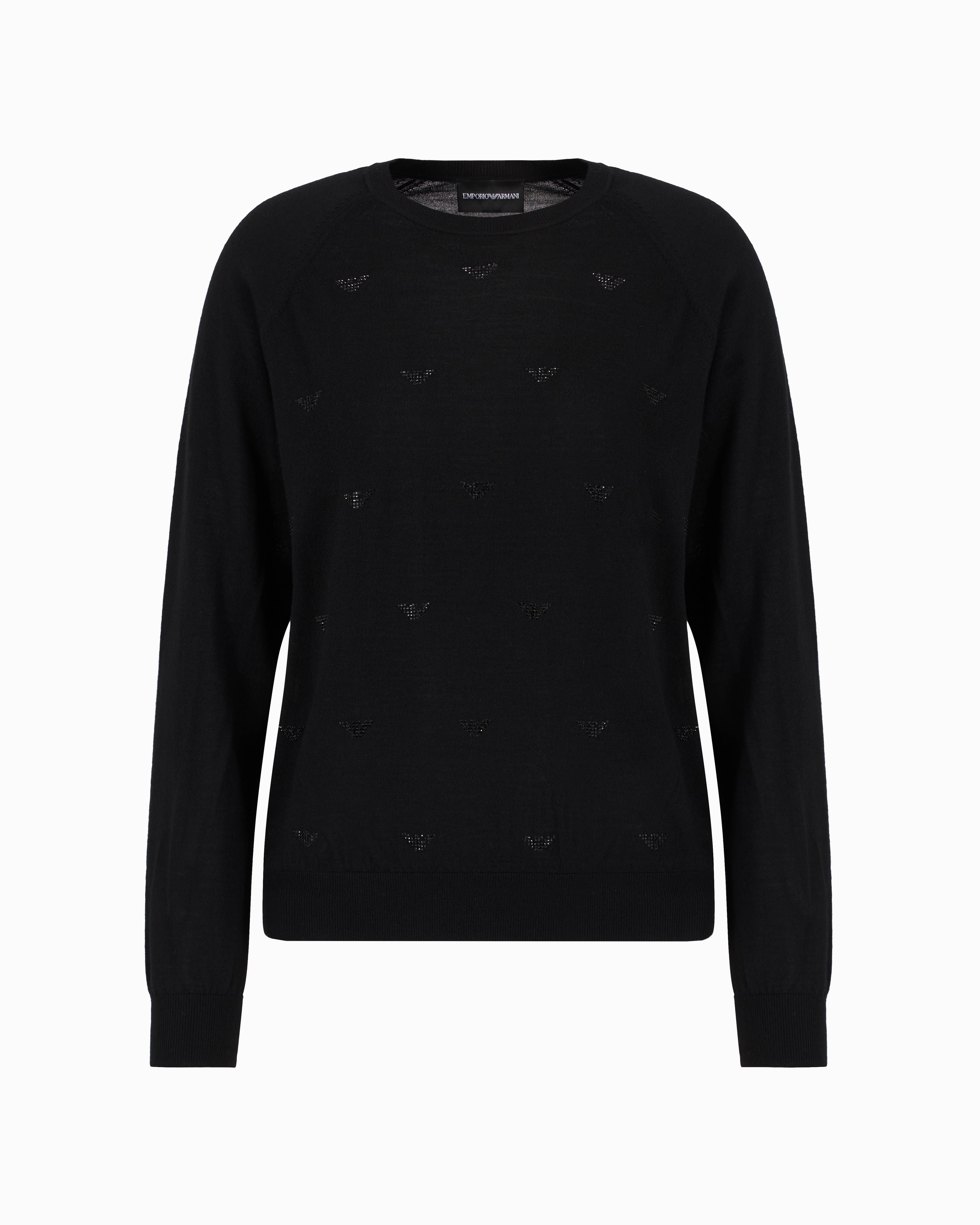 Emporio Armani Official Store Plain-knit Wool Jumper With Micro Rhinestones In Black