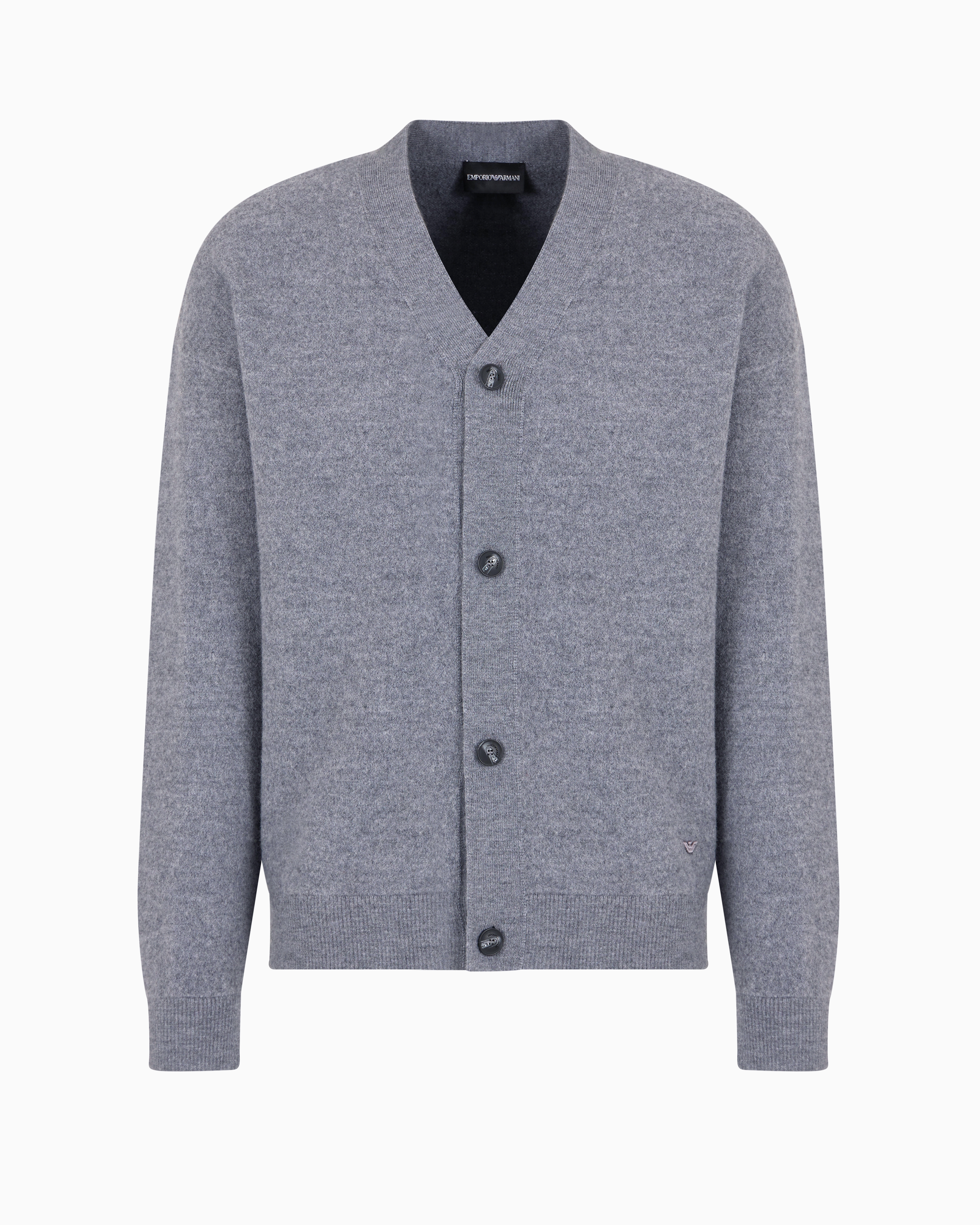 Emporio Armani Official Store V-neck Cardigan Made Of Virgin Wool With A Jersey-fleece Effect In Gray