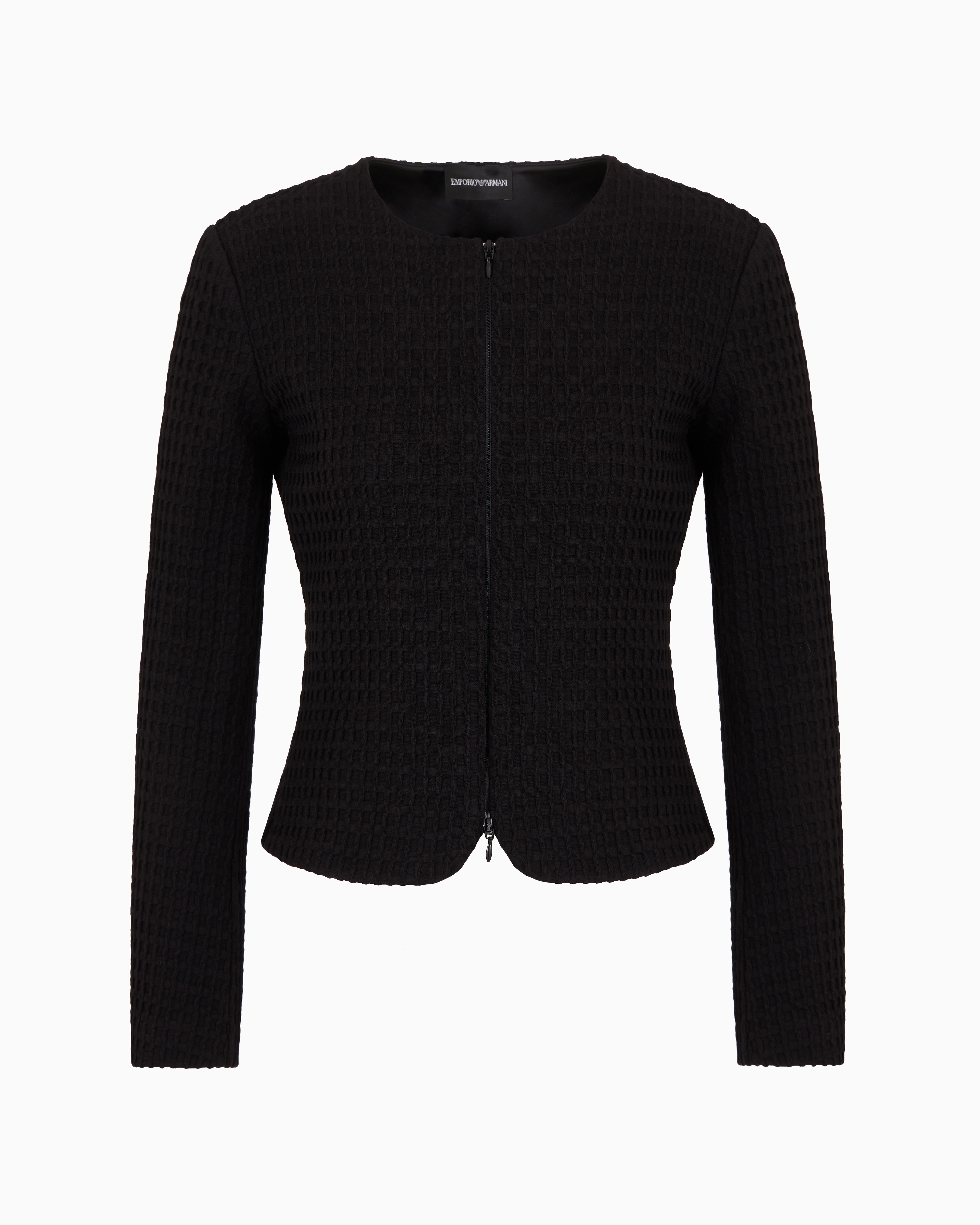 Emporio Armani Official Store Waffle-effect Knit Jacket With Zip And Peplum In Black