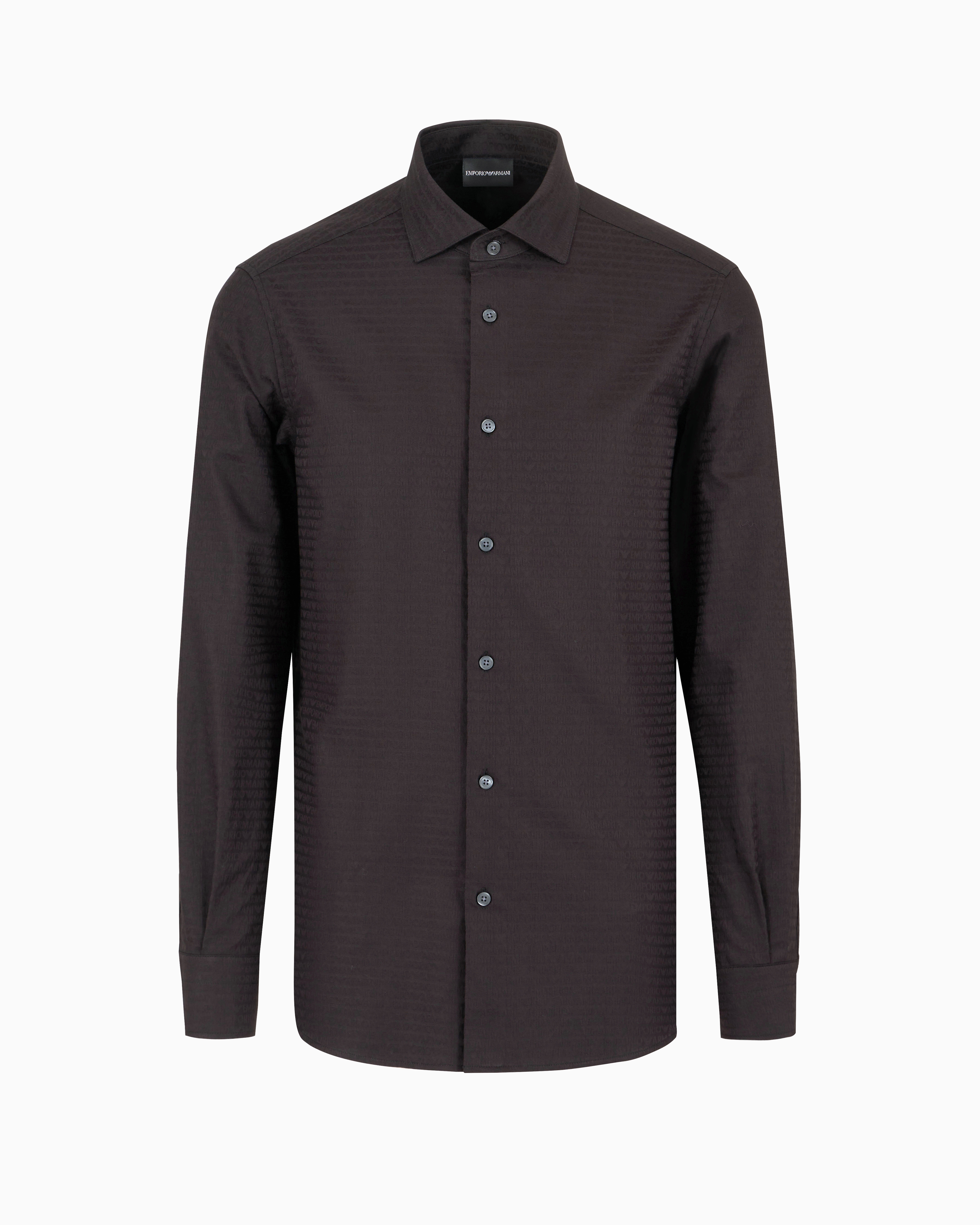 Emporio Armani Official Store Cotton Shirt With All-over Jacquard Logo Lettering In Black Logo