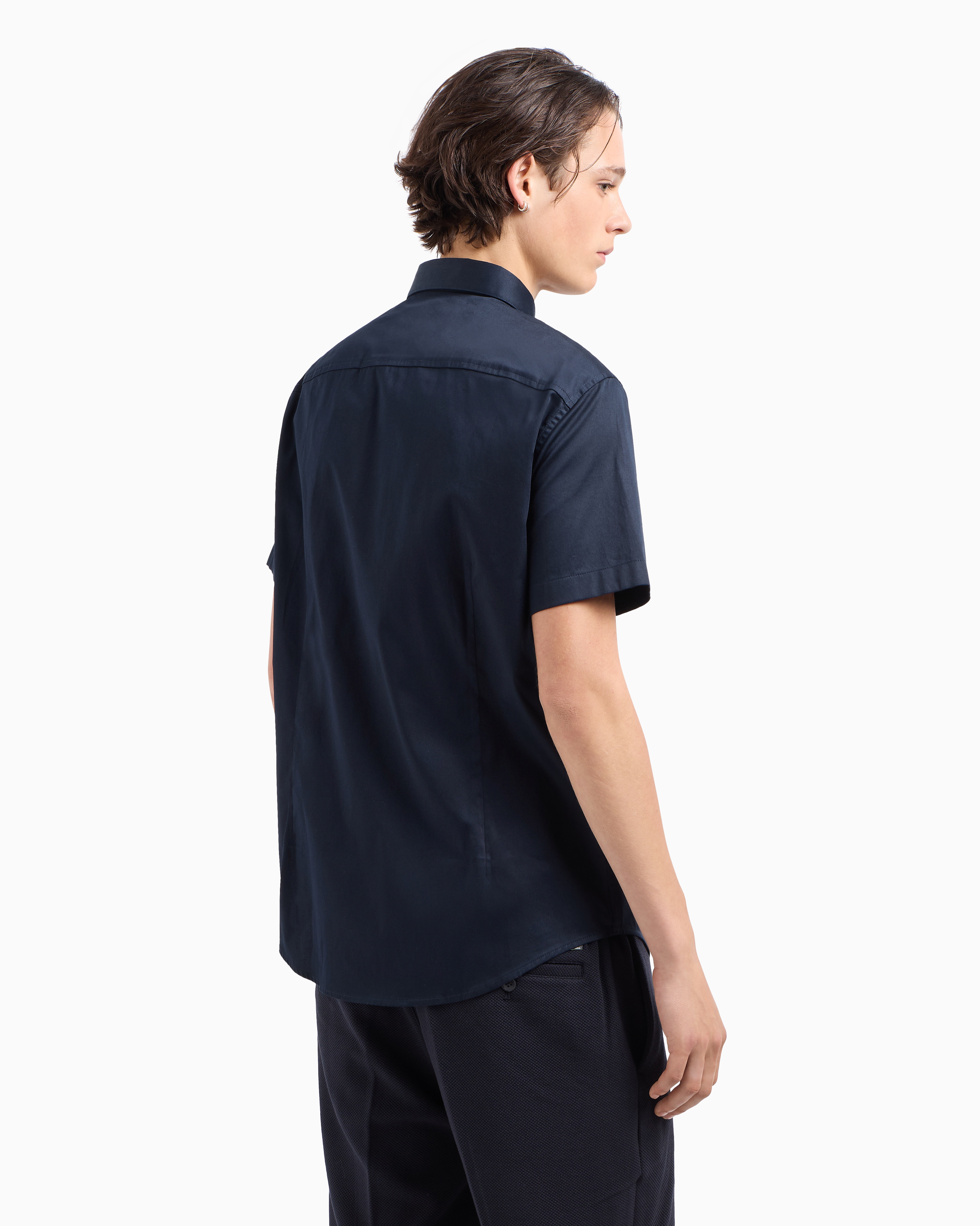 Armani Exchange Slim Fit Short Sleeve Shirt In Stretch Satin In Navy Blue