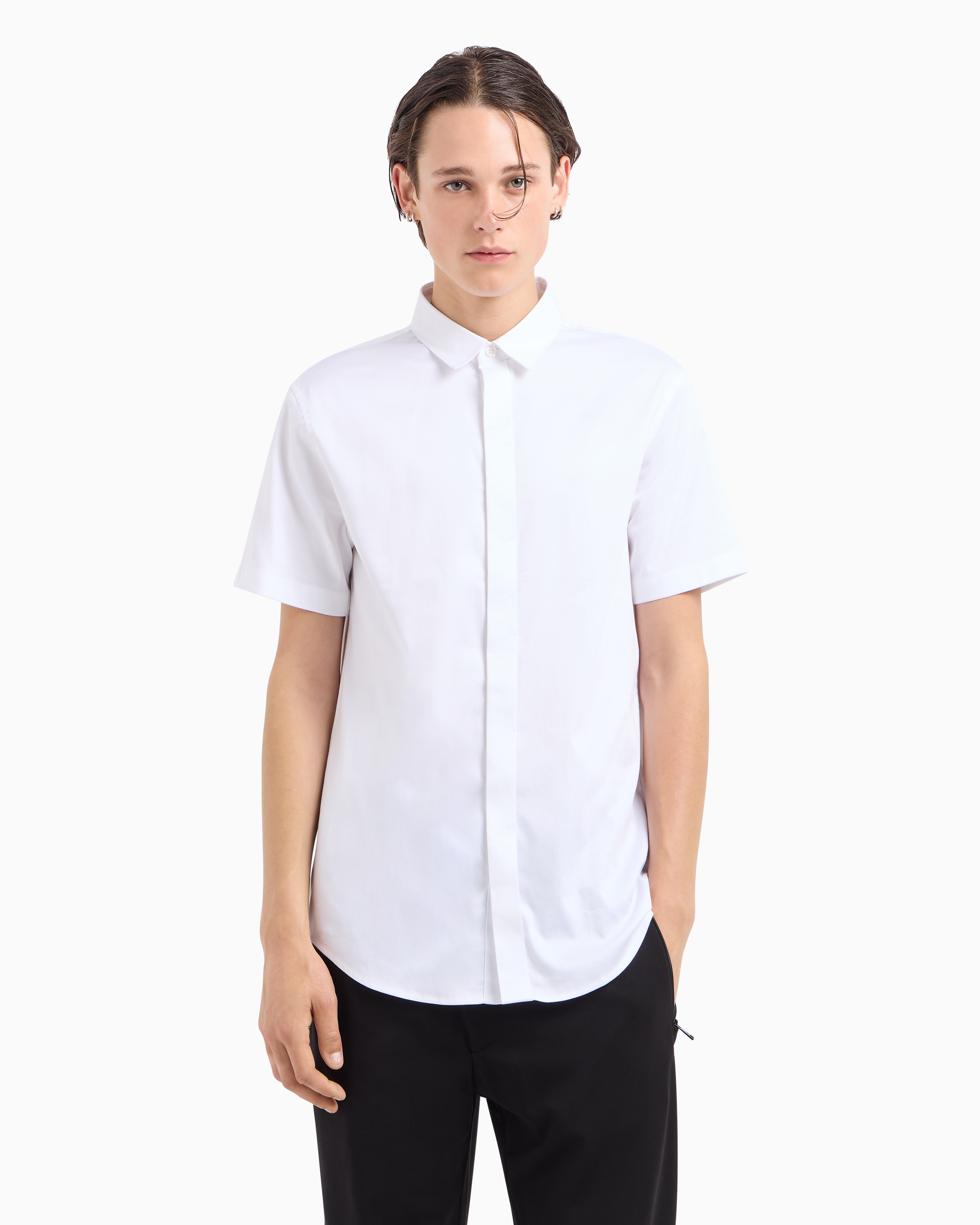 Armani Exchange Slim Fit Short Sleeve Shirt In Stretch Satin In White