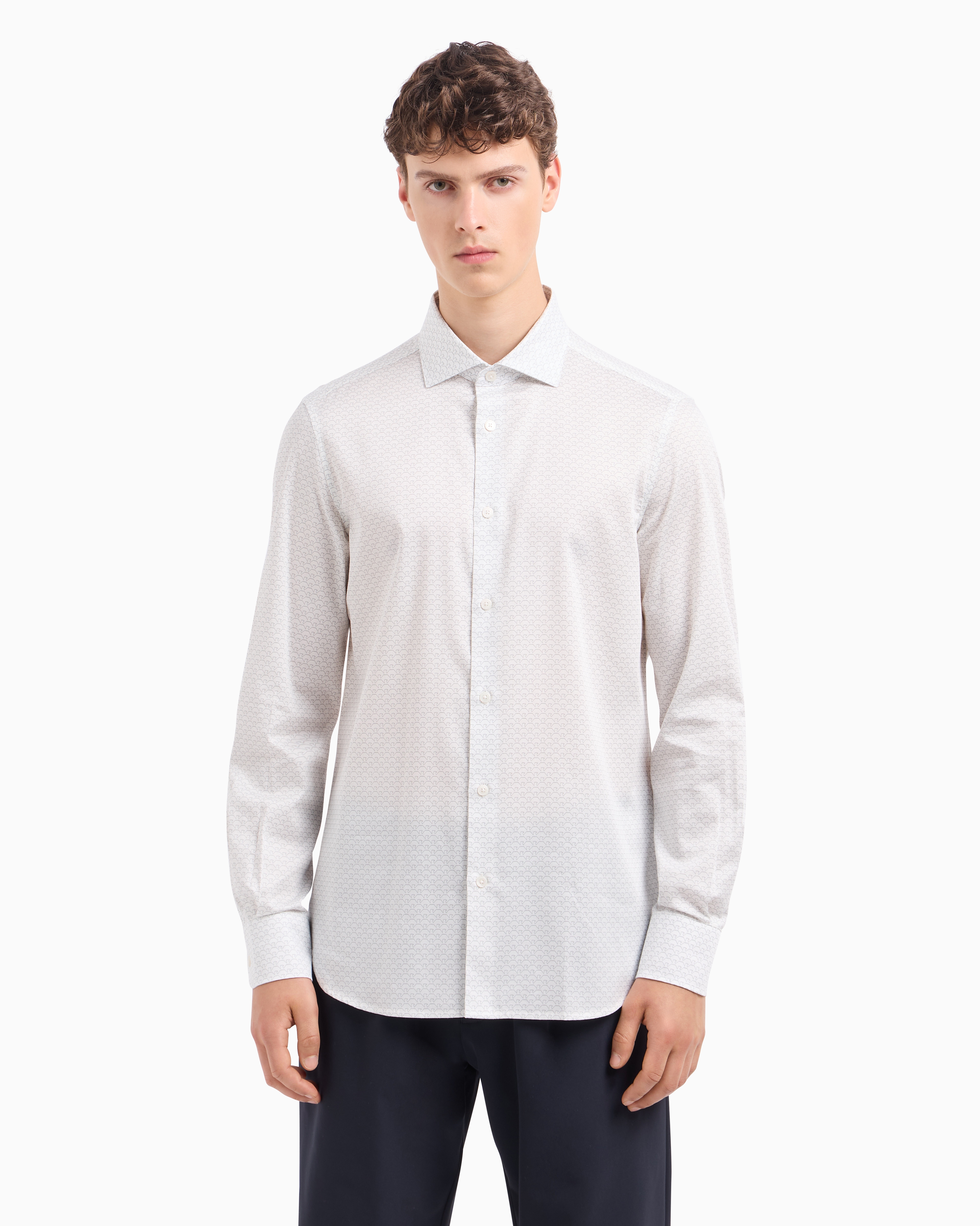 Emporio Armani Official Store Cotton Shirt With All-over Logo Print In White