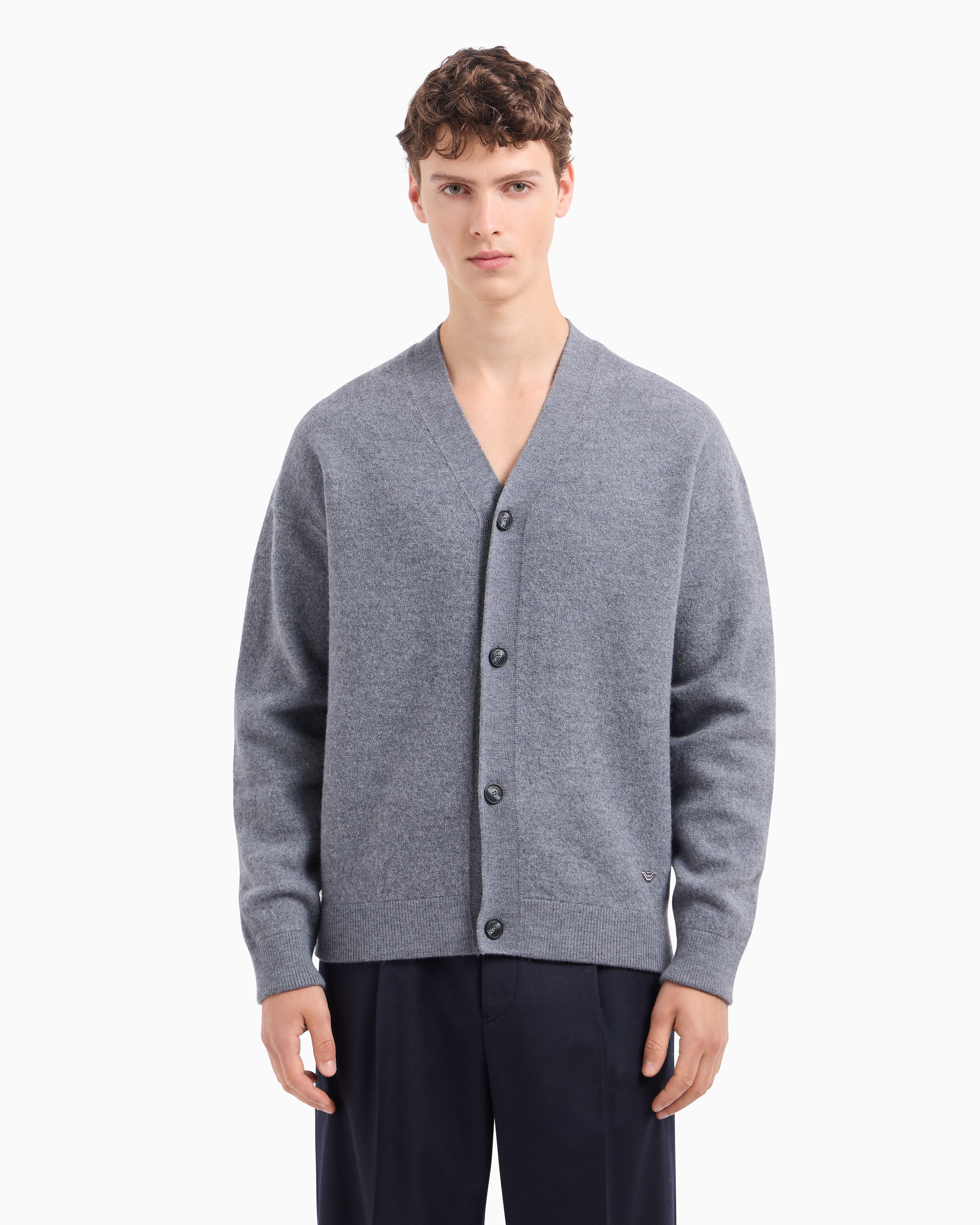 EMPORIO ARMANI V-NECK CARDIGAN MADE OF VIRGIN WOOL WITH A JERSEY-FLEECE EFFECT 