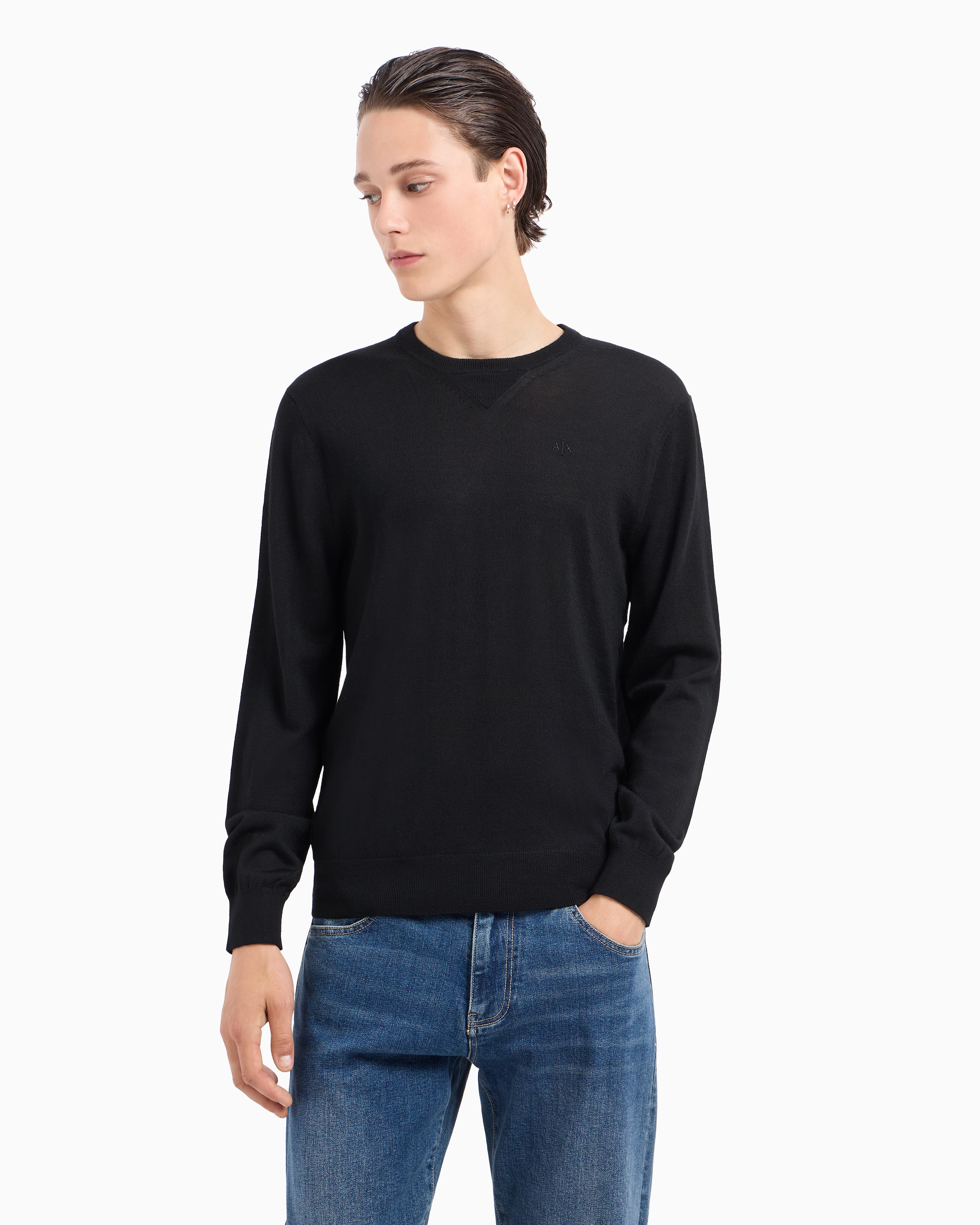 Shop Armani Exchange Crewneck Sweater In Virgin Wool In Black