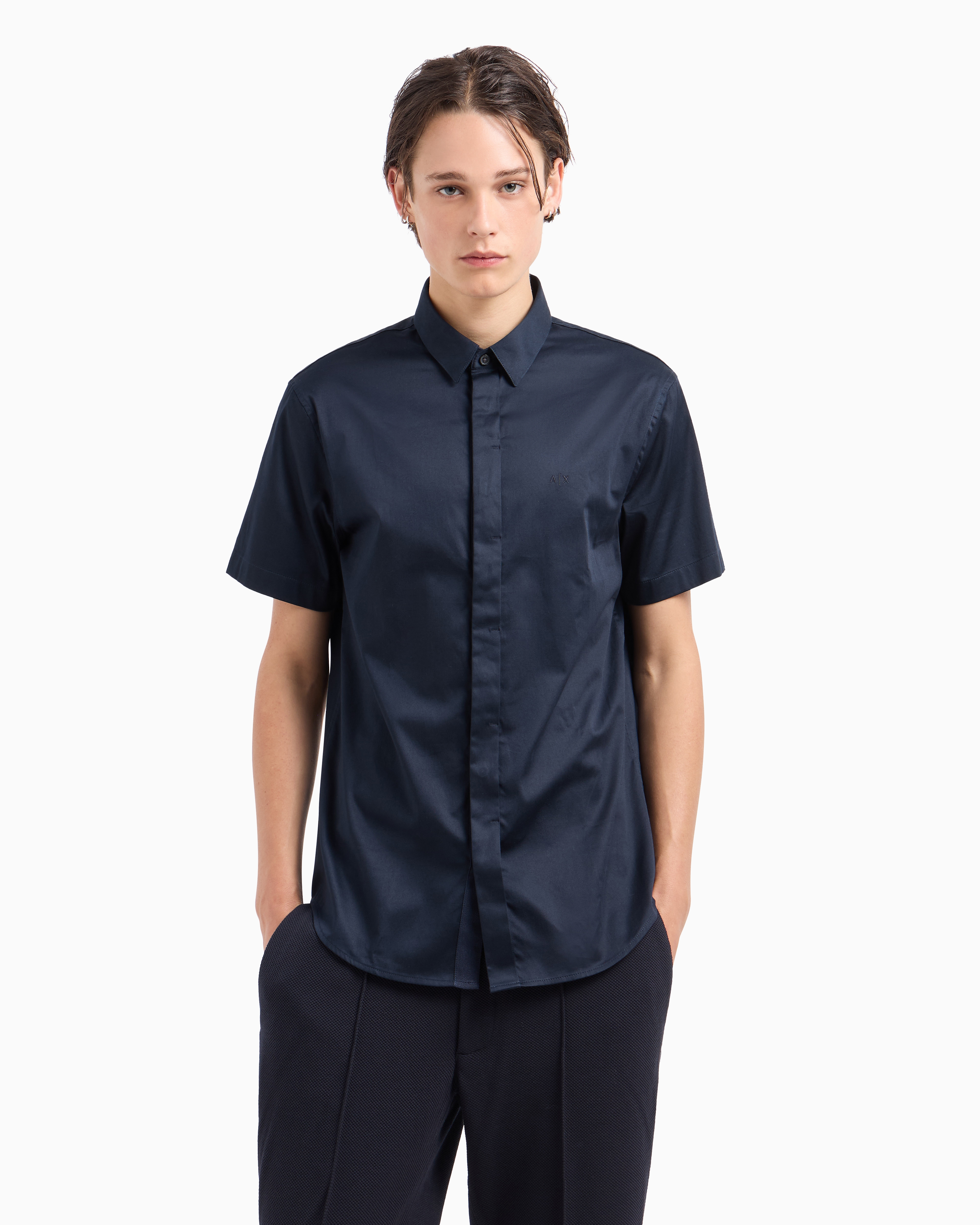 Armani Exchange Slim Fit Short Sleeve Shirt In Stretch Satin In Navy Blue
